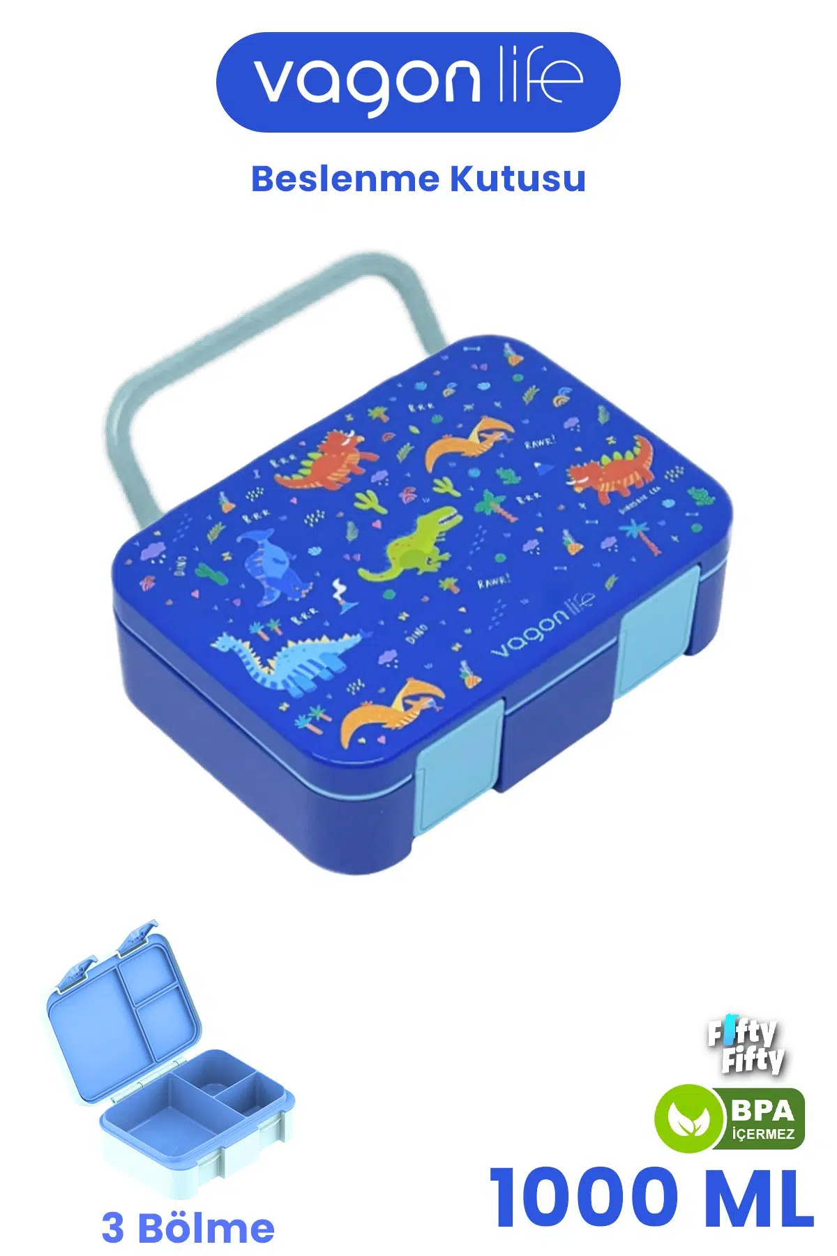 1000 ML Tek Kat Sızdırmaz,Karışmaz Üç Bölmeli Taşıma Kulplu Çocuk Beslenme Kutusu -FFB092-1000 - Mavi