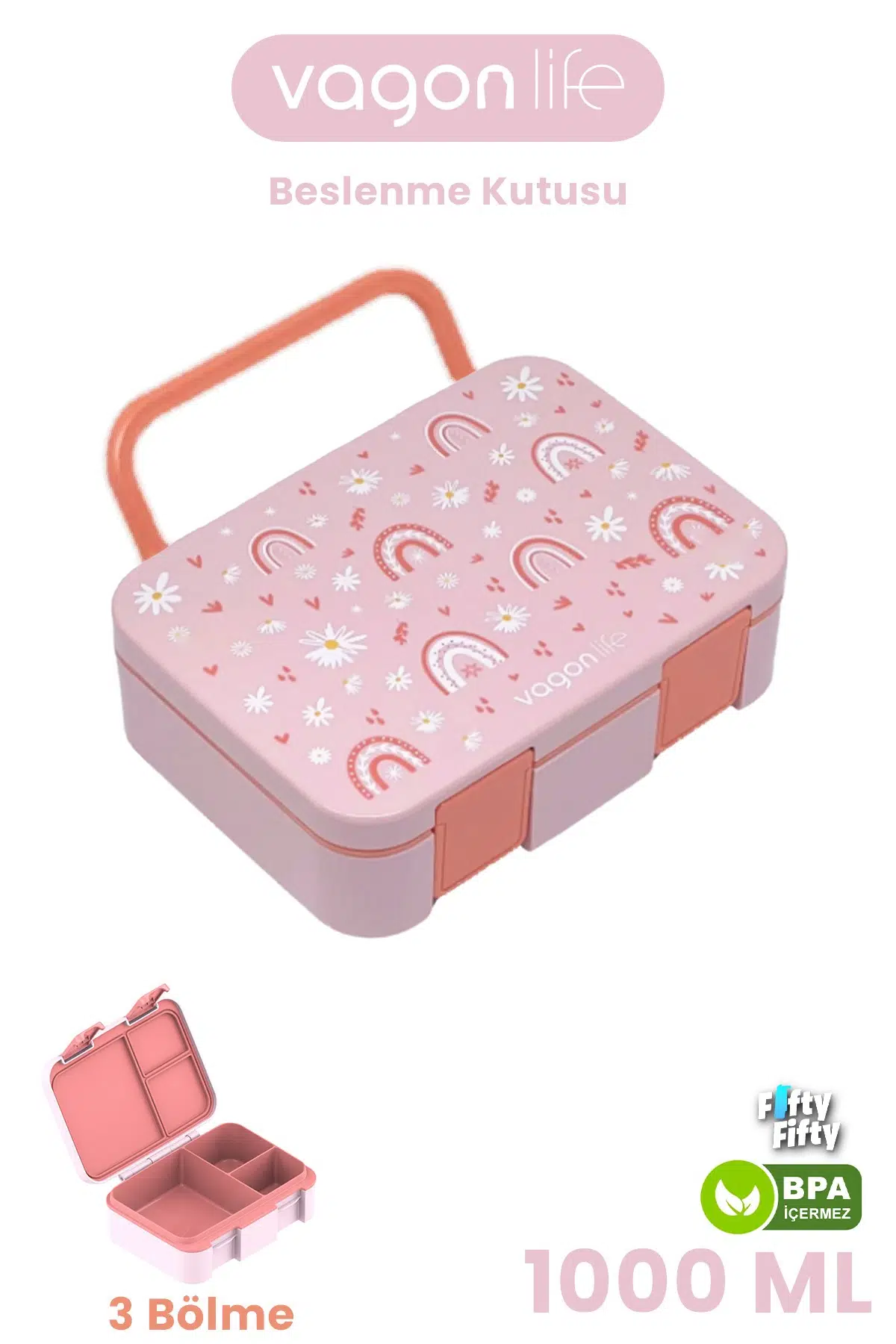 1000 ML Tek Kat Sızdırmaz,Karışmaz Üç Bölmeli Taşıma Kulplu Çocuk Beslenme Kutusu -FFB092-1000 - Pembe