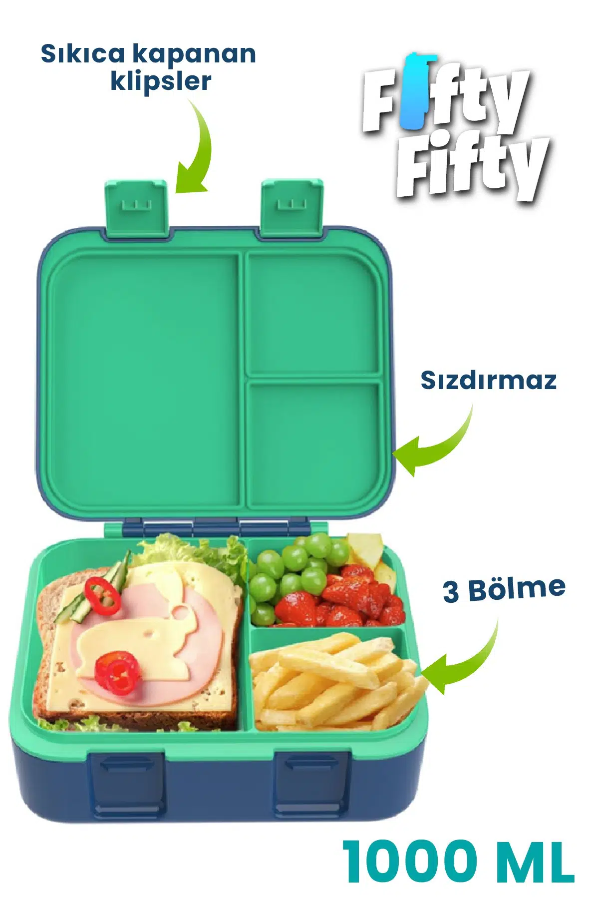 1000 ML Tek Kat Sızdırmaz,Karışmaz Üç Bölmeli Taşıma Kulplu Çocuk Beslenme Kutusu -FFB092-1000