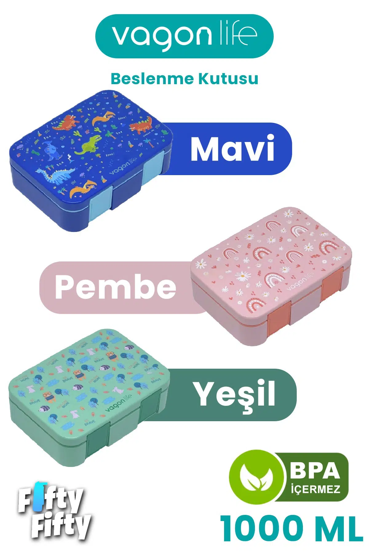 1000 ML Tek Kat Sızdırmaz,Karışmaz Üç Bölmeli Taşıma Kulplu Çocuk Beslenme Kutusu -FFB092-1000