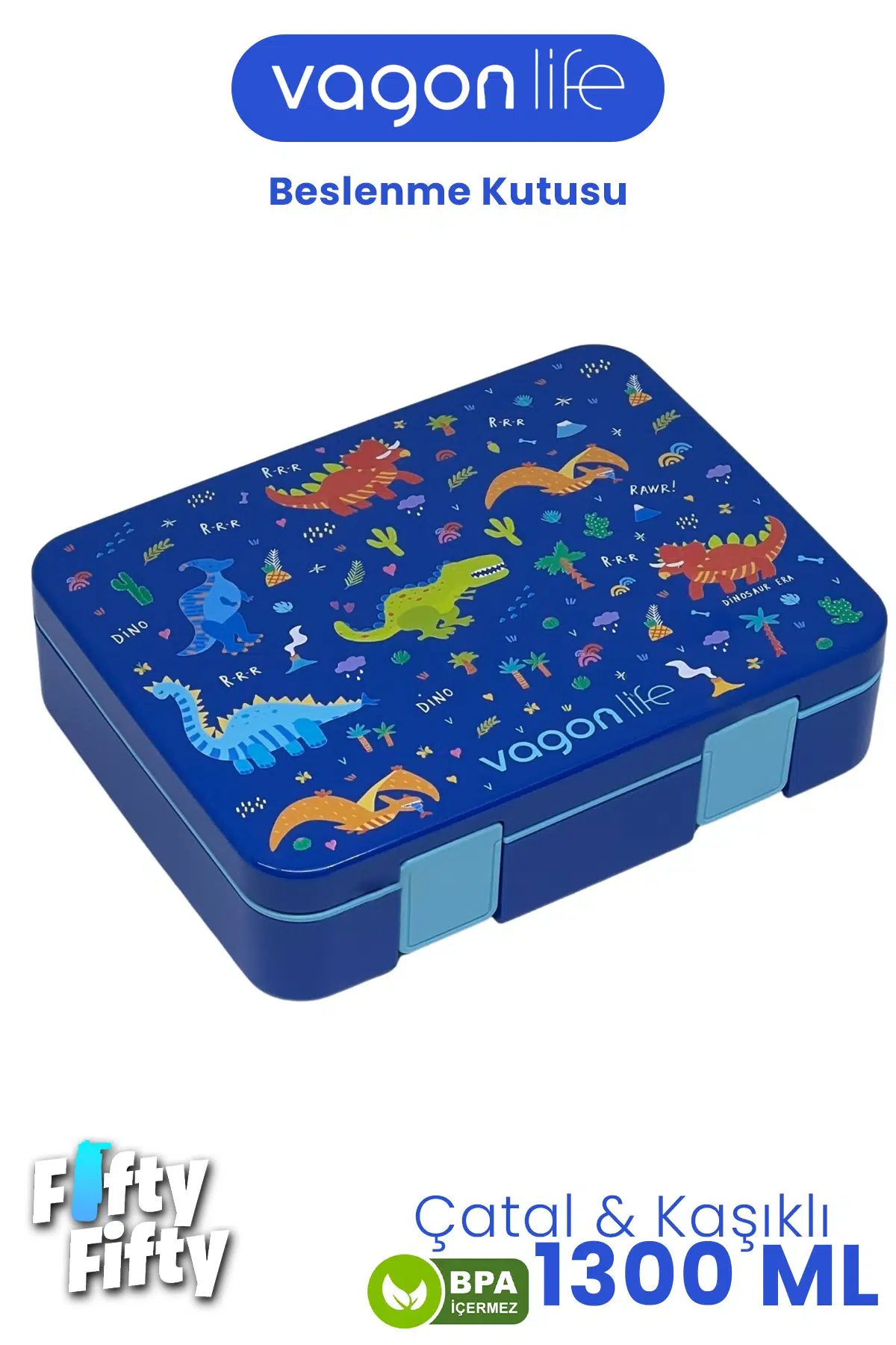 1300 ML Tek Kat Sızdırmaz,Karışmaz 4 Bölmeli Çocuk Beslenme Kutusu -FFB091-1300 - Mavi