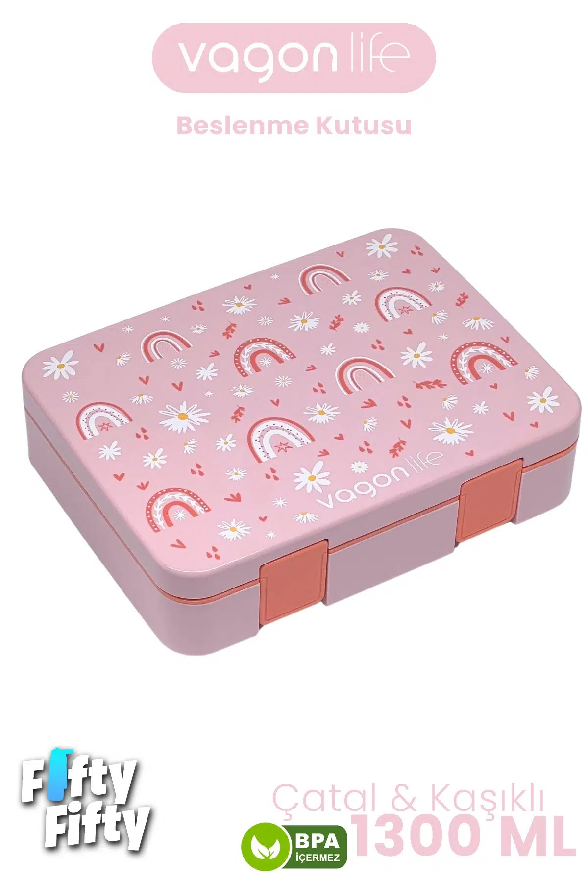 1300 ML Tek Kat Sızdırmaz,Karışmaz 4 Bölmeli Çocuk Beslenme Kutusu -FFB091-1300 - Pembe