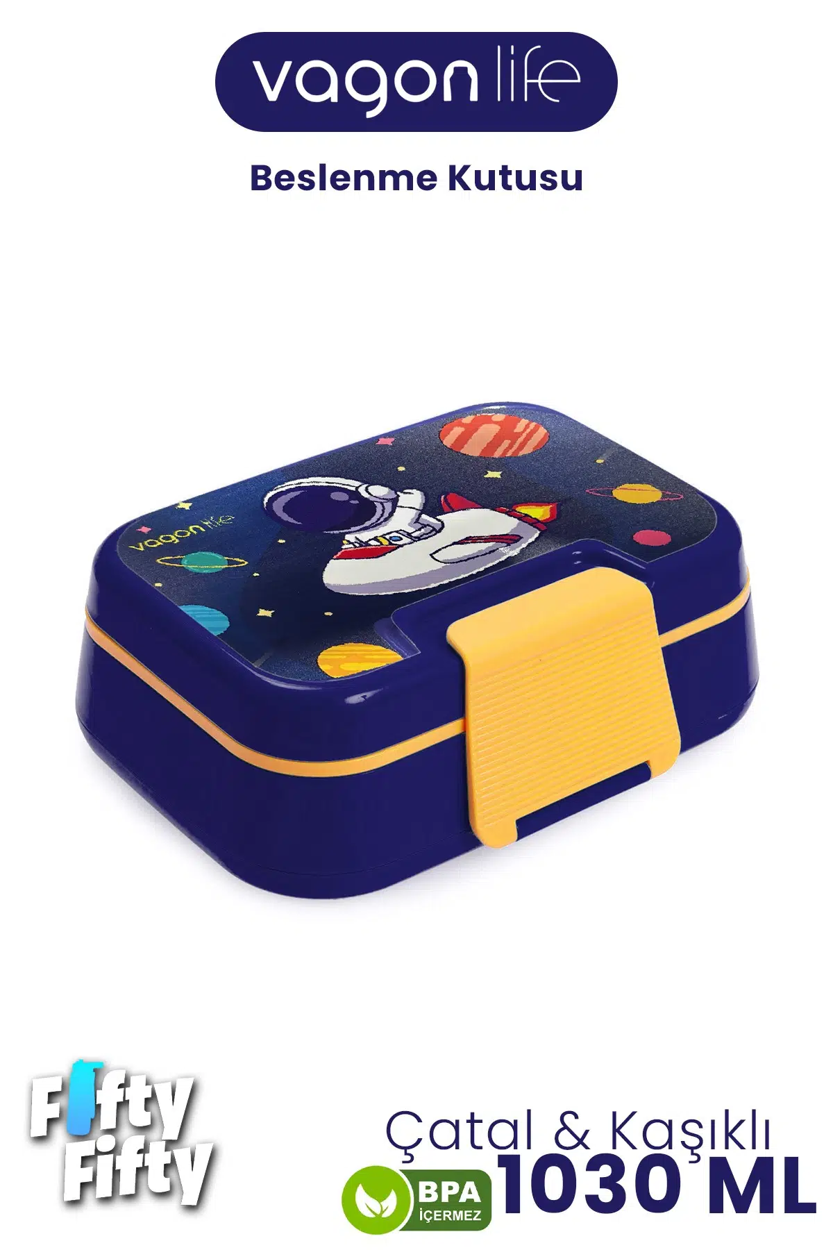 1030 ML Tek Kat 4 Bölme Çocuk Beslenme Kutusu Çatal / Kaşık -FFB1262 - Mavi