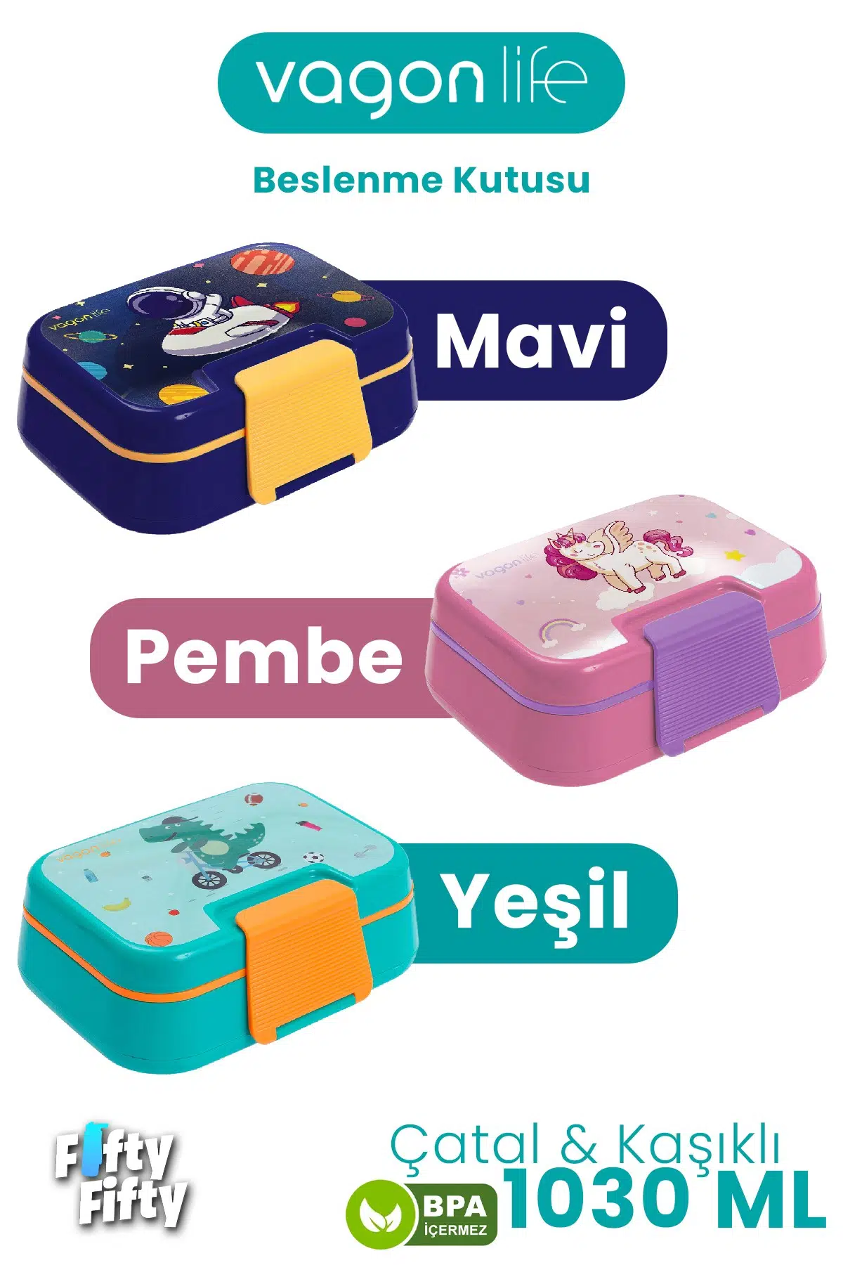 1030 ML Tek Kat 4 Bölme Çocuk Beslenme Kutusu Çatal / Kaşık -FFB1262