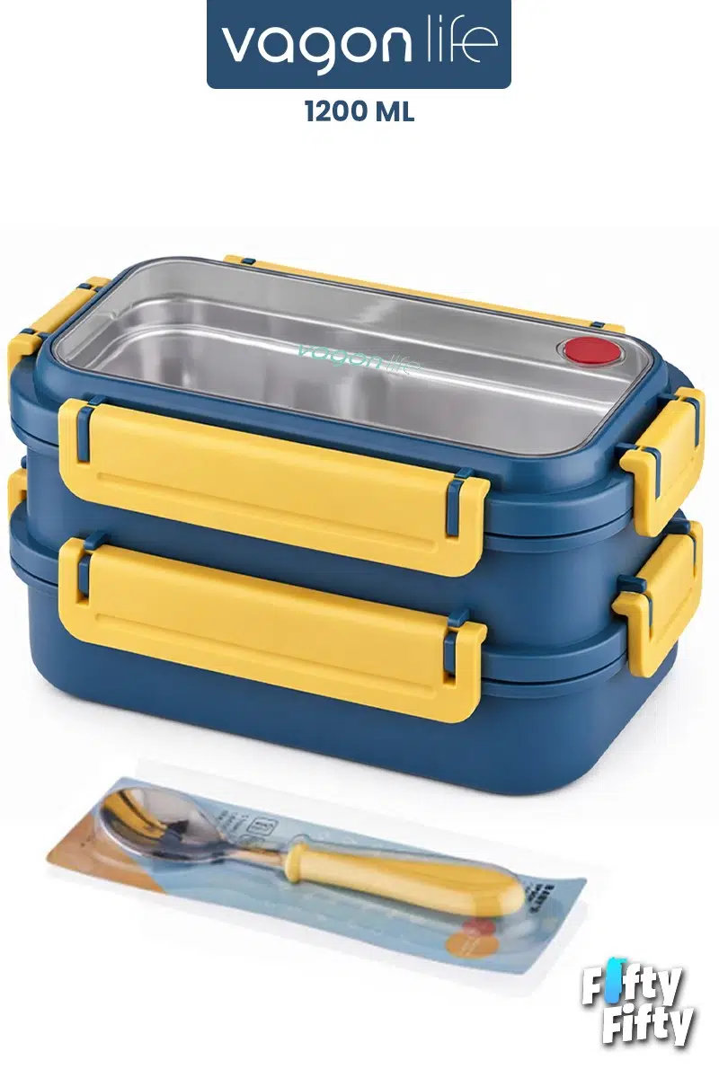 1200 ML İki Kat Üç Bölme Paslanmaz Çelik Bento Lunch Box Yeni Nesil Sefer Tası Çelik Kaşıklı -22FF15 - Lacivert