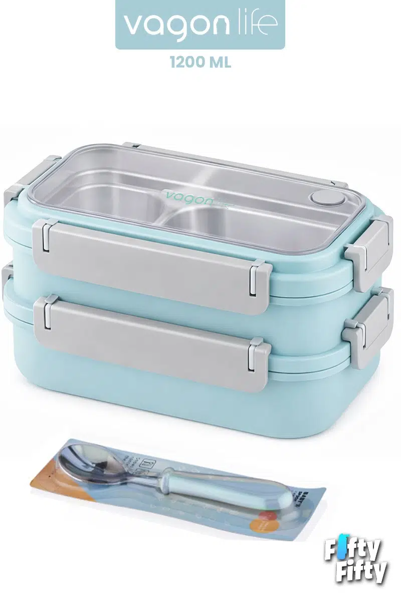 1200 ML İki Kat Üç Bölme Paslanmaz Çelik Bento Lunch Box Yeni Nesil Sefer Tası Çelik Kaşıklı -22FF15 - Turkuaz