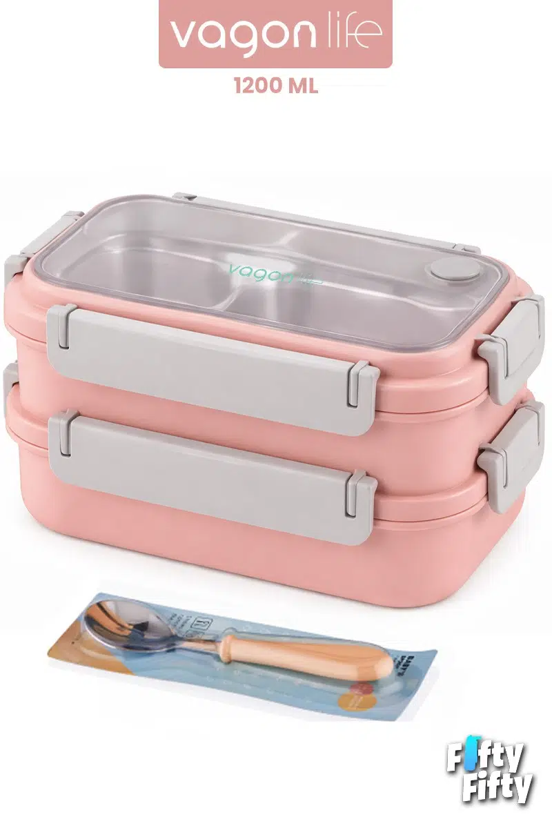 1200 ML İki Kat Üç Bölme Paslanmaz Çelik Bento Lunch Box Yeni Nesil Sefer Tası Çelik Kaşıklı -22FF15 - Pembe