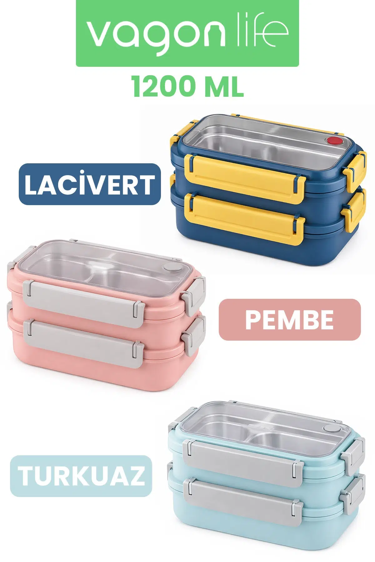 1200 ML İki Kat Üç Bölme Paslanmaz Çelik Bento Lunch Box Yeni Nesil Sefer Tası Çelik Kaşıklı -22FF15
