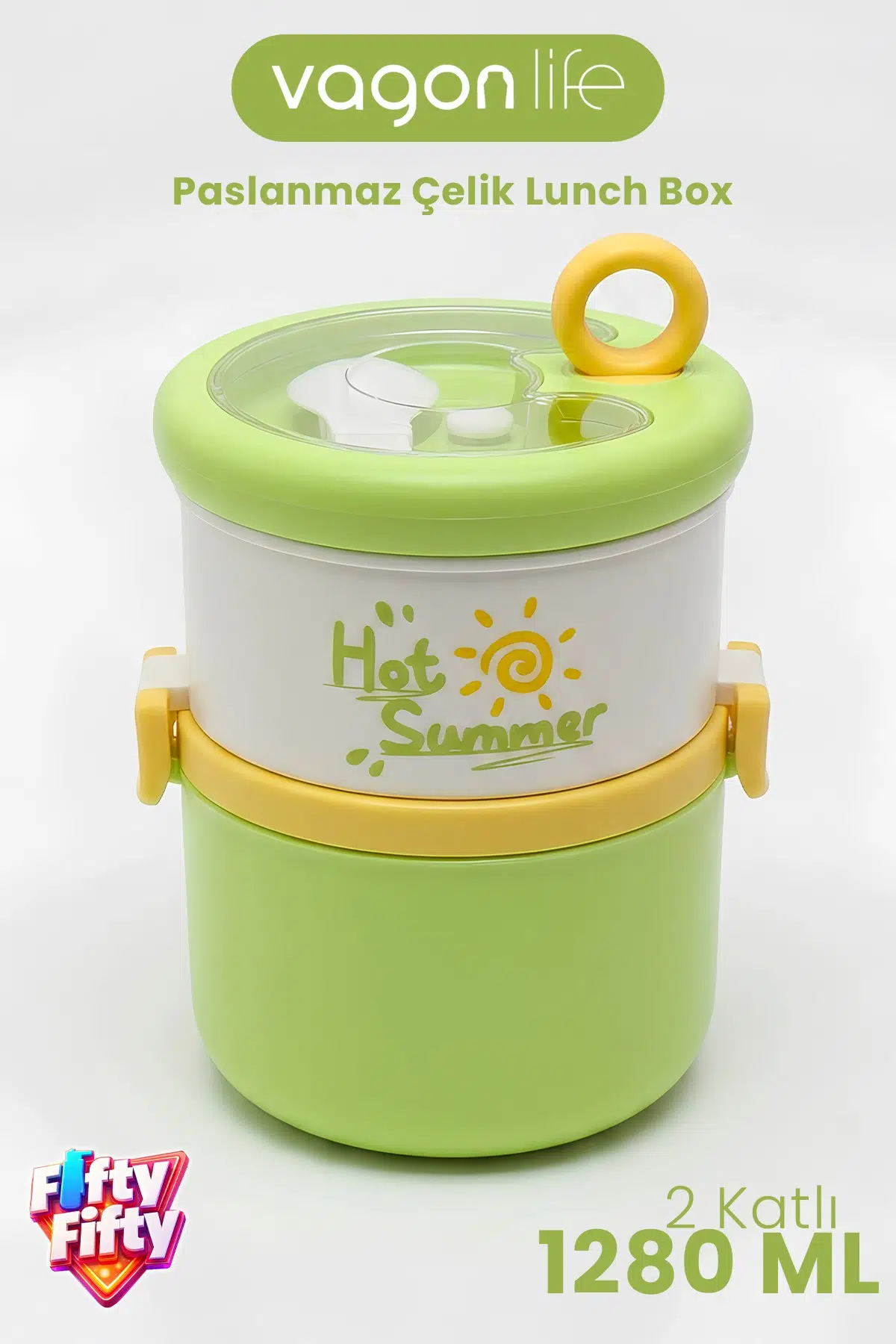 1280 ML 2 Kat Sızdırmaz 304 Paslanmaz Çelik Bento Lunch Box Yeni Nesil Sefer Tası -FFLBOX12167 - Yeşil
