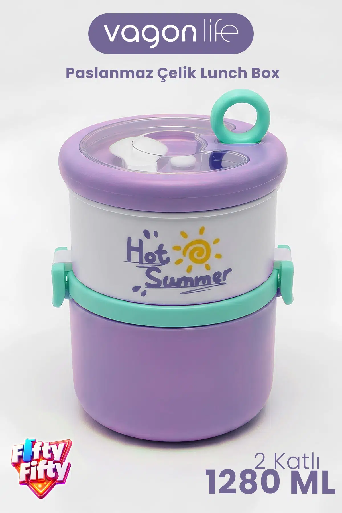 1280 ML 2 Kat Sızdırmaz 304 Paslanmaz Çelik Bento Lunch Box Yeni Nesil Sefer Tası -FFLBOX12167 - Mor