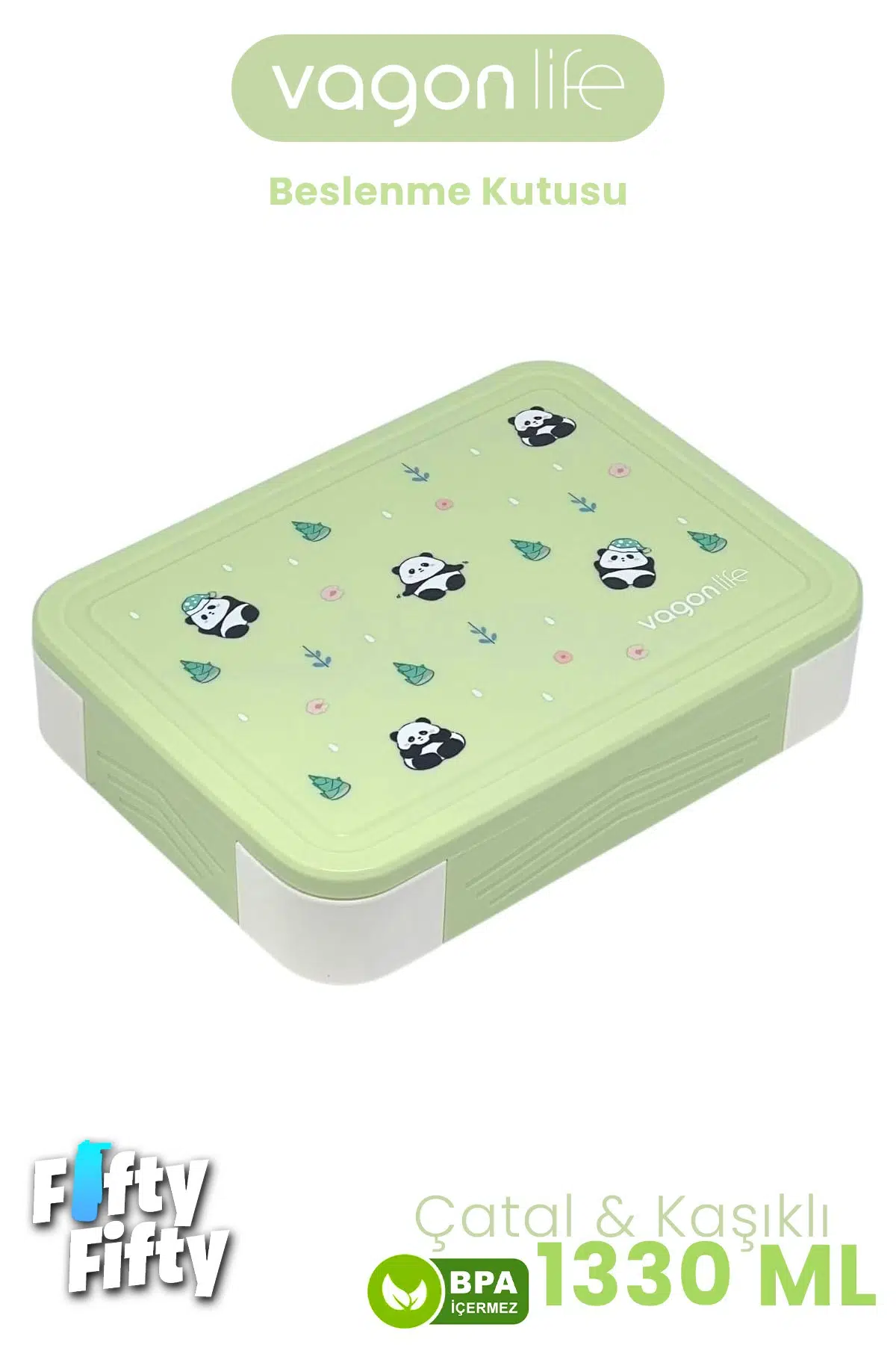 1330 ML Tek Kat 6 Bölme Çocuk Beslenme Kutusu Çatal / Kaşık / Sos Kaseli -FFB1265 - Yeşil
