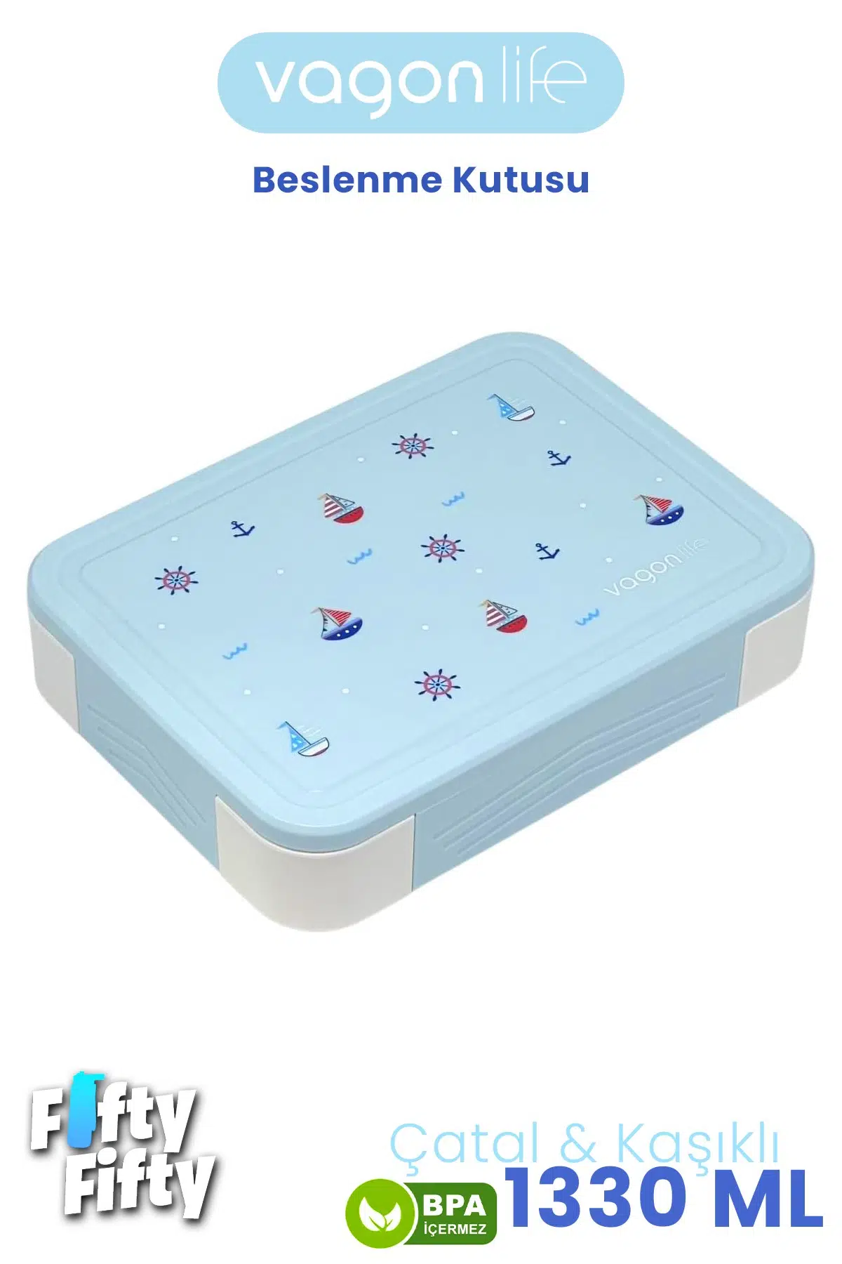 1330 ML Tek Kat 6 Bölme Çocuk Beslenme Kutusu Çatal / Kaşık / Sos Kaseli -FFB1265 - Mavi