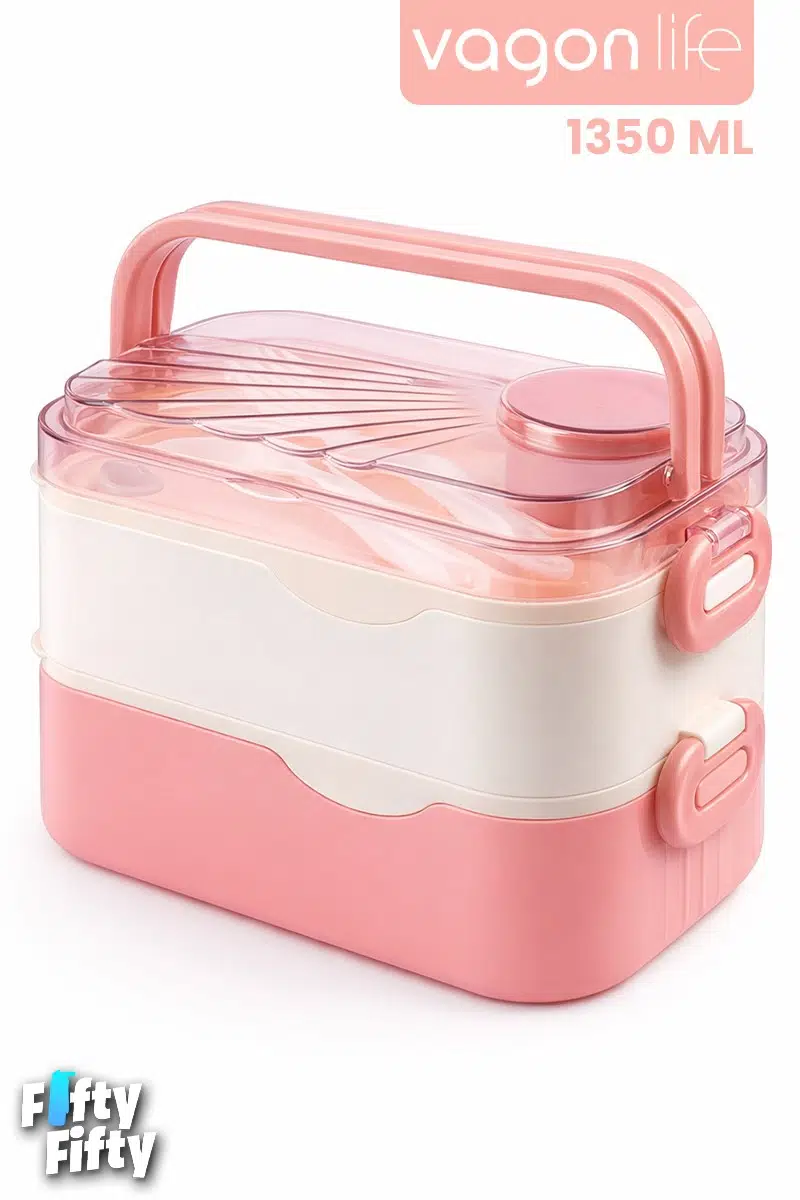 1350 ML Paslanmaz Çelik Bento Lunch Box İki Kat Üç Bölme Yeni Nesil Sefer Tası-1350ML-101102S - Pembe