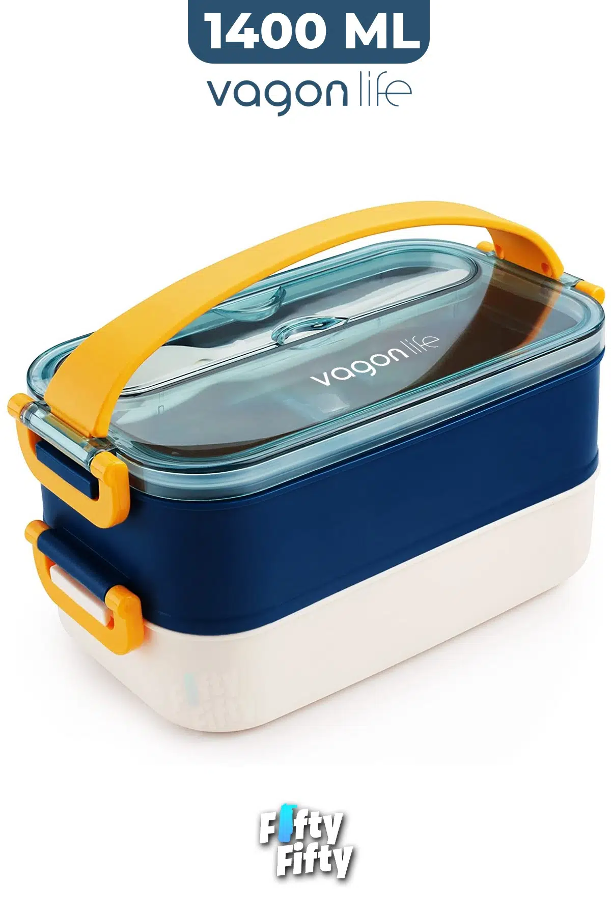 1400 ML İki Kat Üç Bölme Paslanmaz Çelik Lunch Box Yeni Nesil Sefer Tası - Kaşıkçatallı -1400462 - Lacivert