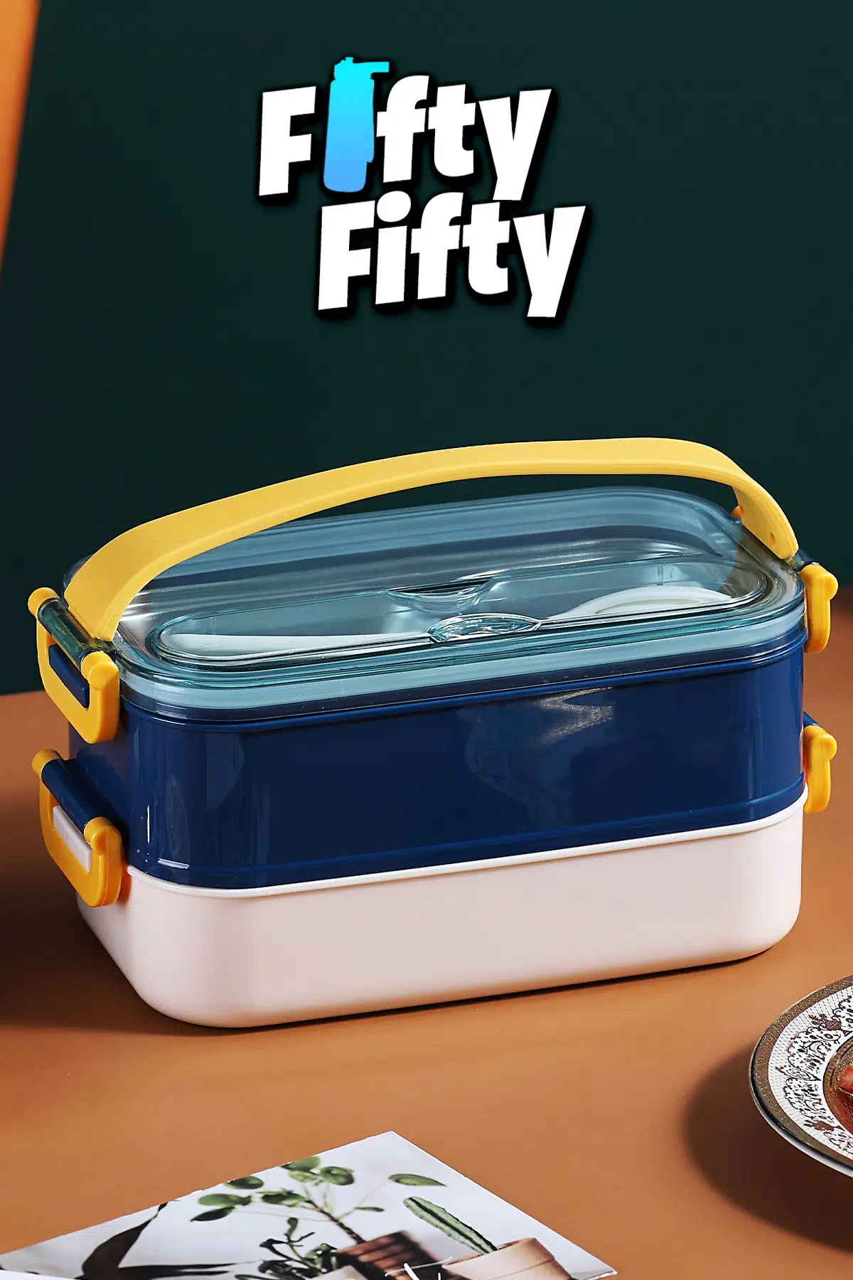 1400 ML İki Kat Üç Bölme Paslanmaz Çelik Lunch Box Yeni Nesil Sefer Tası - Kaşıkçatallı -1400462