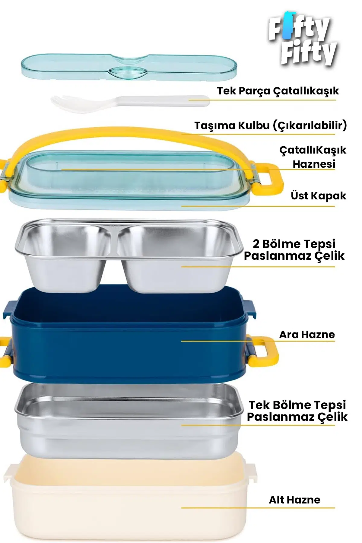 1400 ML İki Kat Üç Bölme Paslanmaz Çelik Lunch Box Yeni Nesil Sefer Tası - Kaşıkçatallı -1400462
