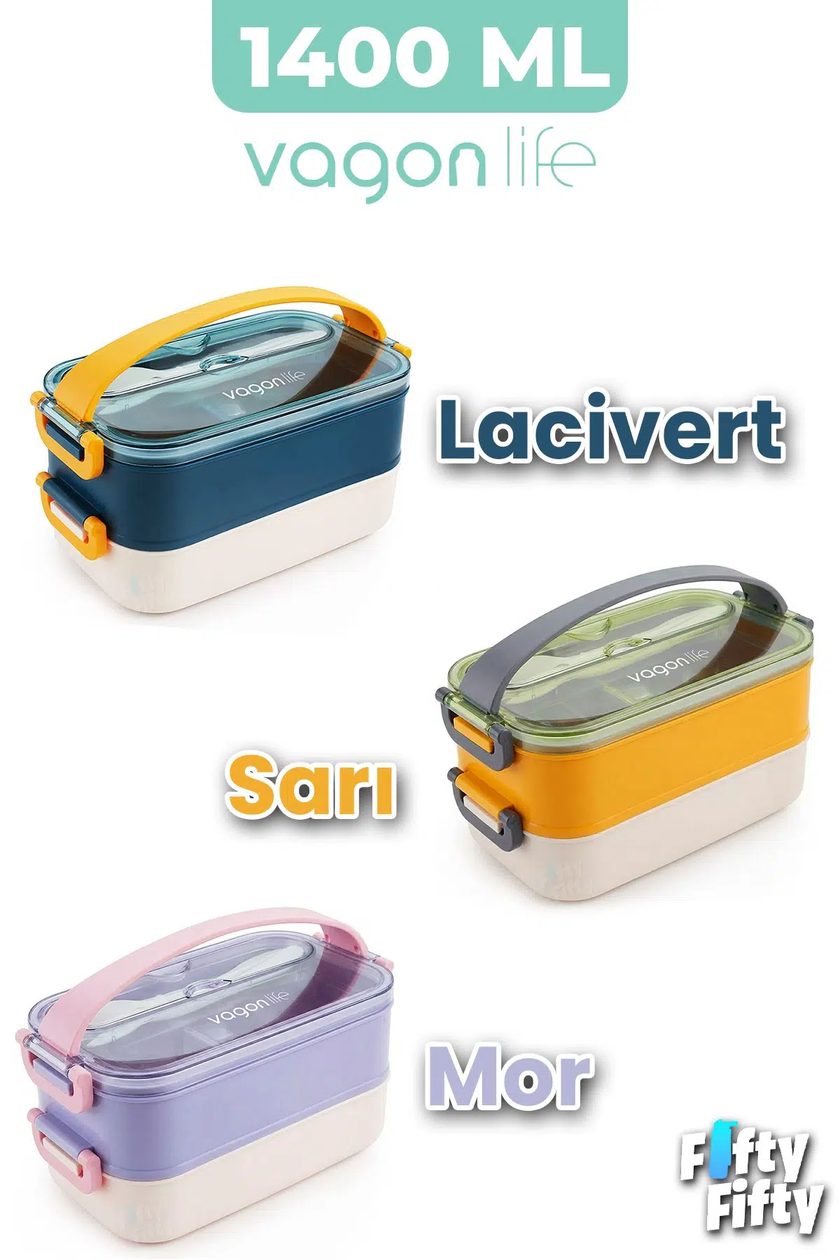 1400 ML İki Kat Üç Bölme Paslanmaz Çelik Lunch Box Yeni Nesil Sefer Tası - Kaşıkçatallı -1400462