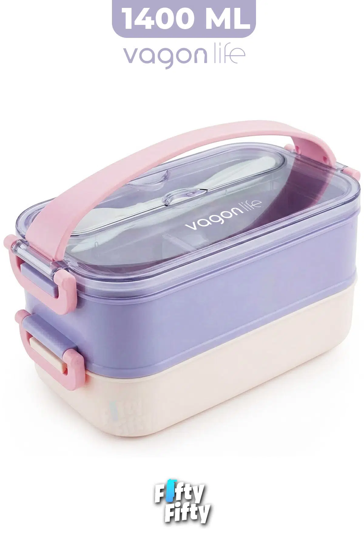 1400 ML İki Kat Üç Bölme Paslanmaz Çelik Lunch Box Yeni Nesil Sefer Tası - Kaşıkçatallı -1400462 - Mor