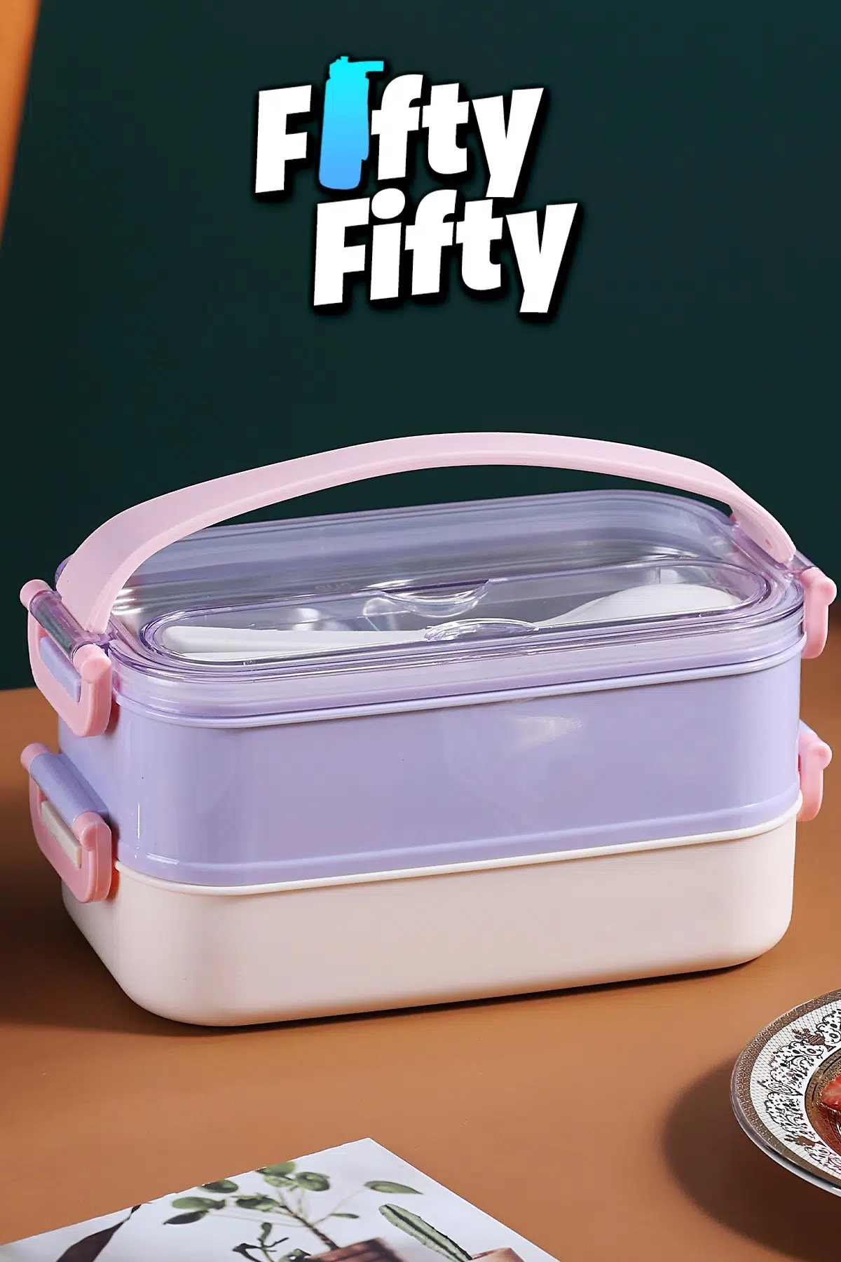 1400 ML İki Kat Üç Bölme Paslanmaz Çelik Lunch Box Yeni Nesil Sefer Tası - Kaşıkçatallı -1400462