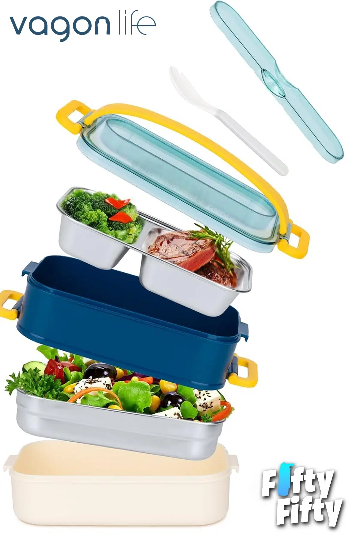 1400 ML İki Kat Üç Bölme Paslanmaz Çelik Lunch Box Yeni Nesil Sefer Tası - Kaşıkçatallı -1400462