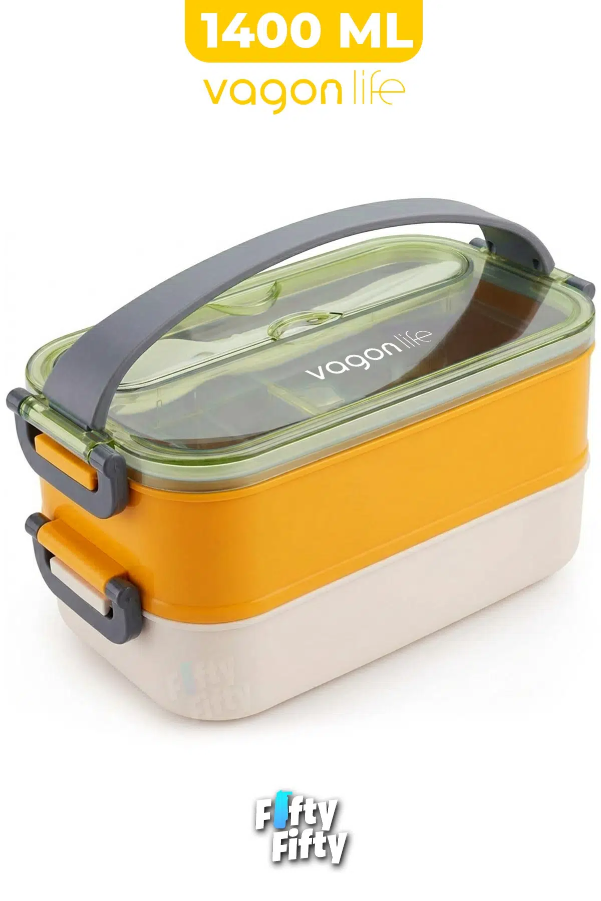 1400 ML İki Kat Üç Bölme Paslanmaz Çelik Lunch Box Yeni Nesil Sefer Tası - Kaşıkçatallı -1400462 - Sarı