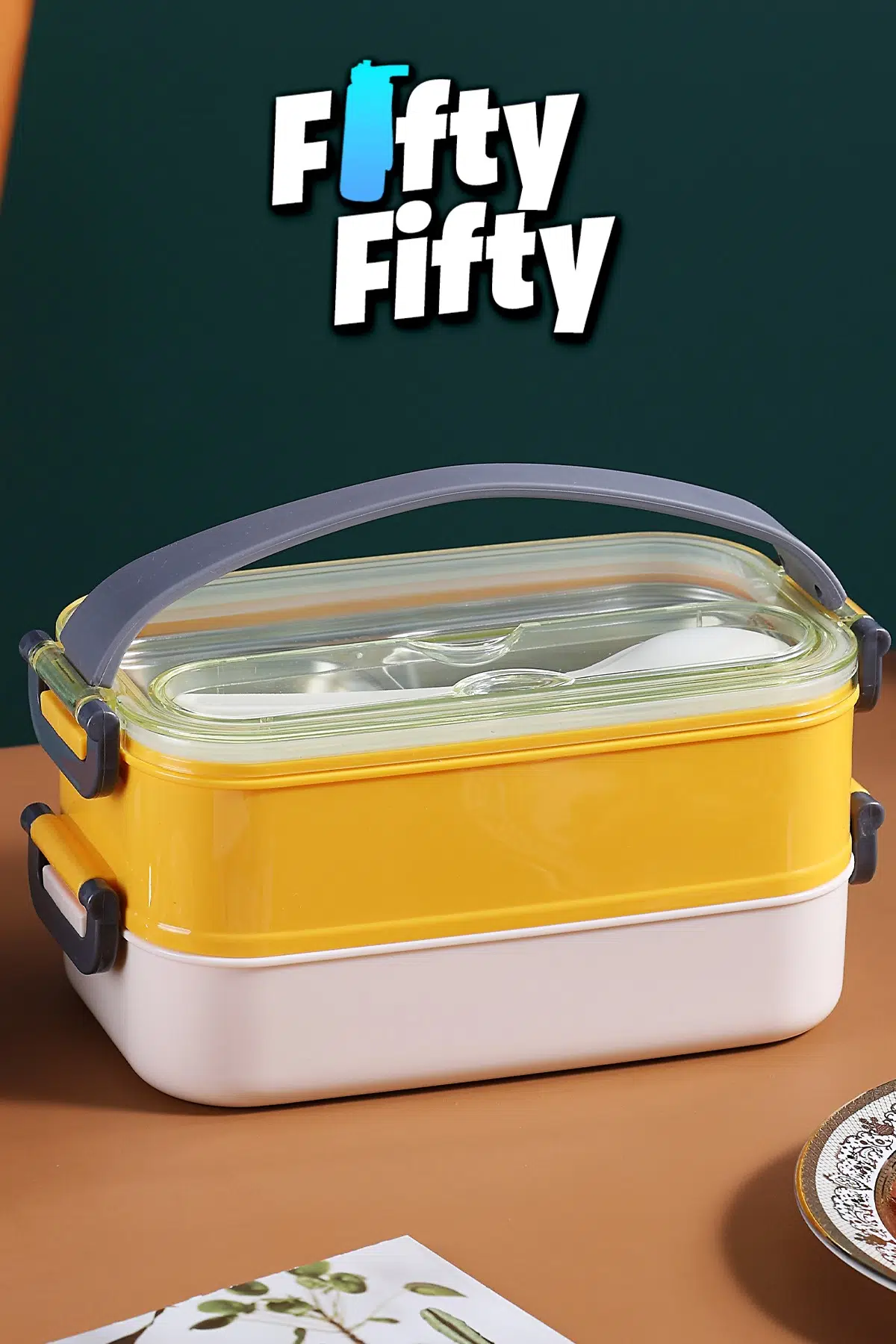 1400 ML İki Kat Üç Bölme Paslanmaz Çelik Lunch Box Yeni Nesil Sefer Tası - Kaşıkçatallı -1400462