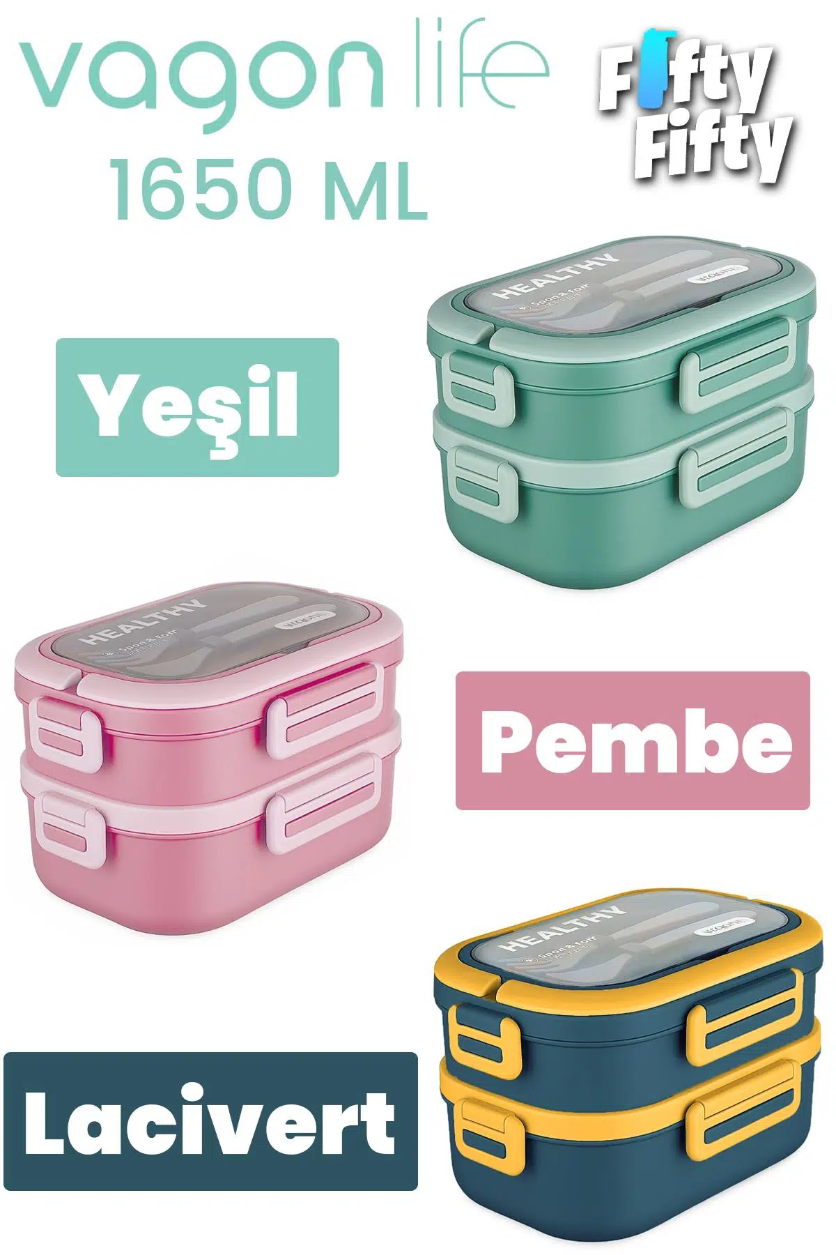 1650 ML İki Kat Üç Bölme Paslanmaz Çelik Lunch Box Yeni Nesil Sefer Tası - Kaşık Ve Çatallı -6715