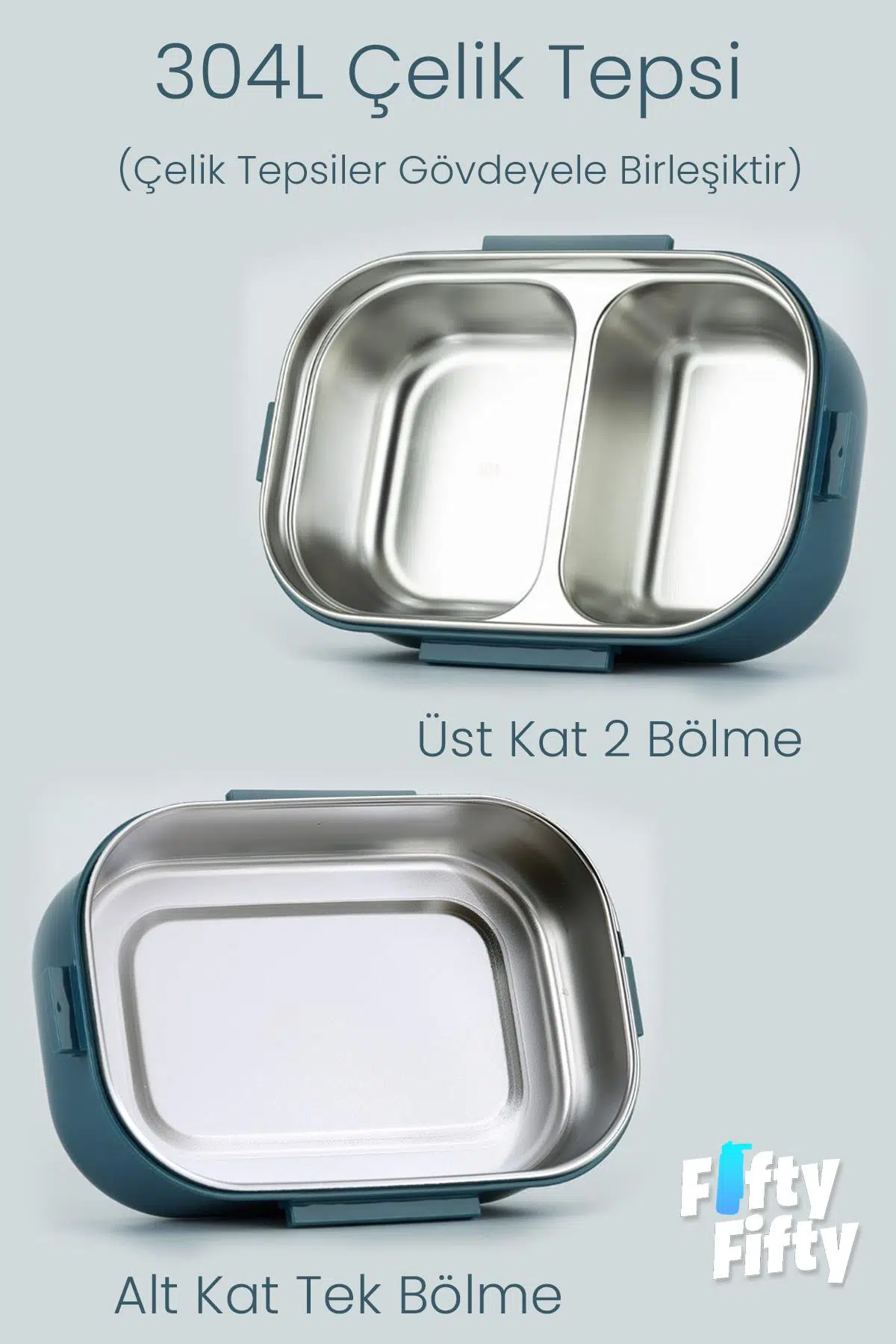 1650 ML İki Kat Üç Bölme Paslanmaz Çelik Lunch Box Yeni Nesil Sefer Tası - Kaşık Ve Çatallı -6715