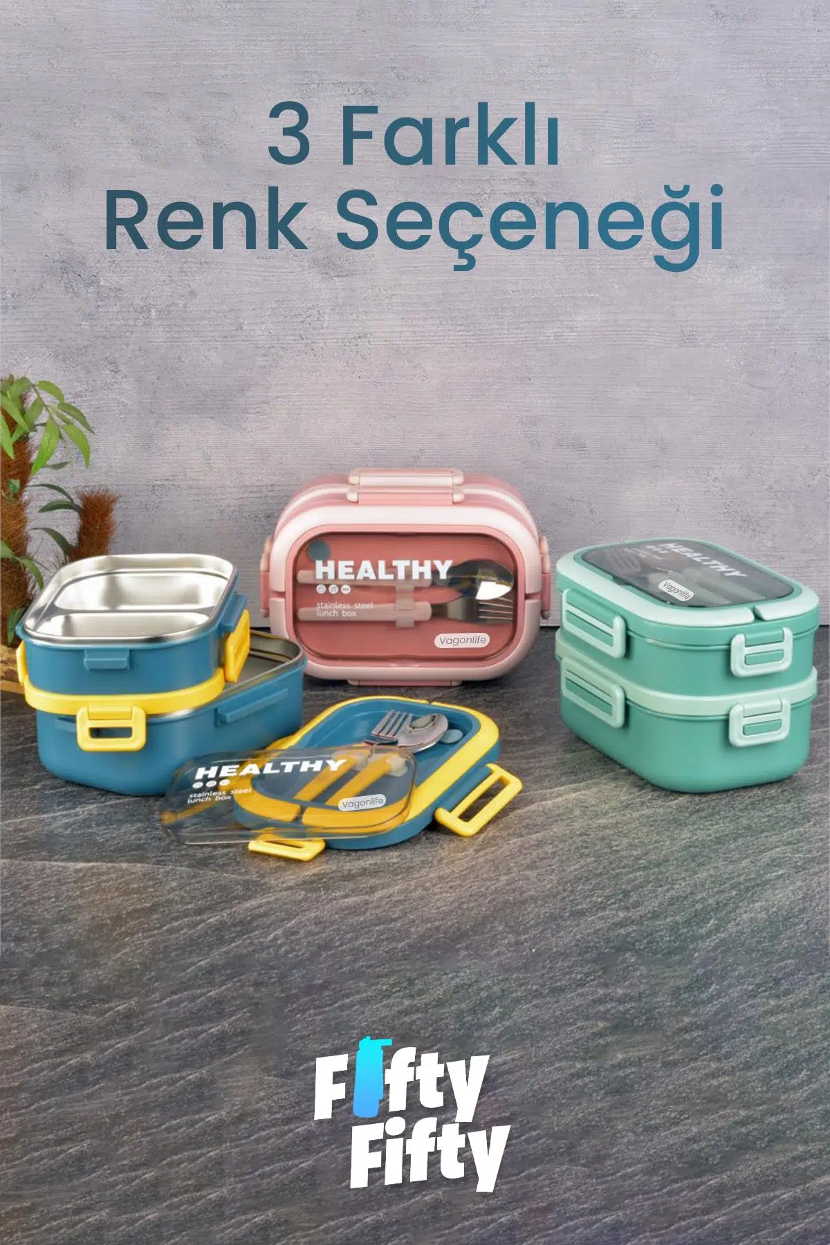 1650 ML İki Kat Üç Bölme Paslanmaz Çelik Lunch Box Yeni Nesil Sefer Tası - Kaşık Ve Çatallı -6715