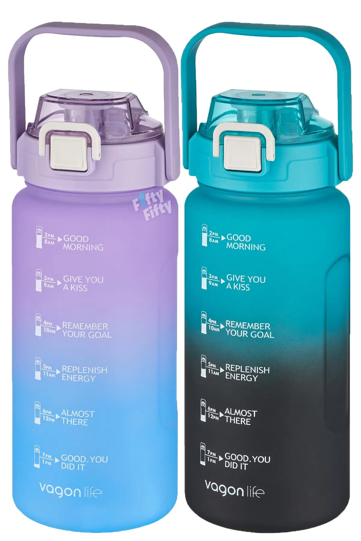 Vagonlife 2'li Ekonomik Motivasyon Matara Seti 1500 ml Büyük Boy 4 Farklı Renk Seçeneği FiftyFifty - Morturkuaz-Siyahturkuaz