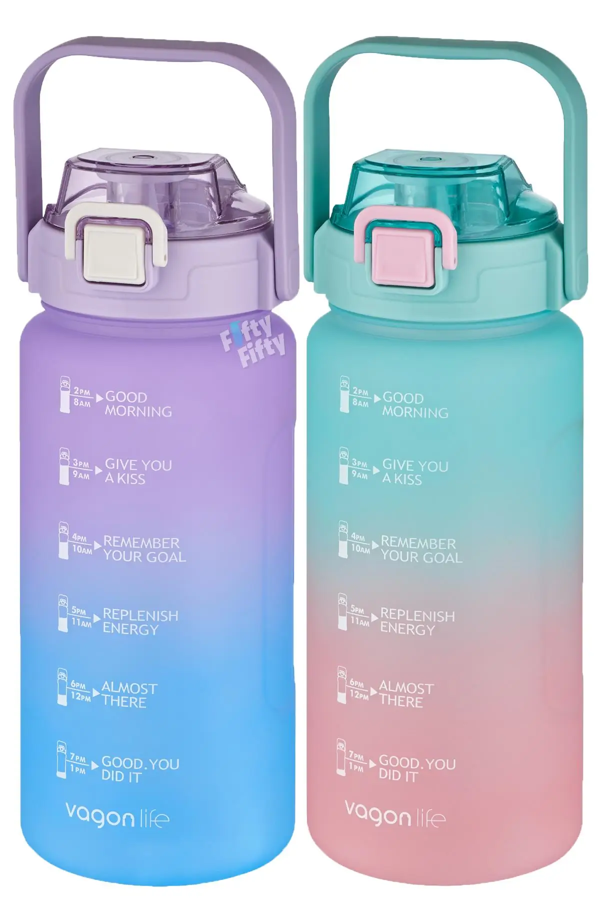 Vagonlife 2'li Ekonomik Motivasyon Matara Seti 1500 ml Büyük Boy 4 Farklı Renk Seçeneği FiftyFifty - Morturkuaz-Yeşilpembe