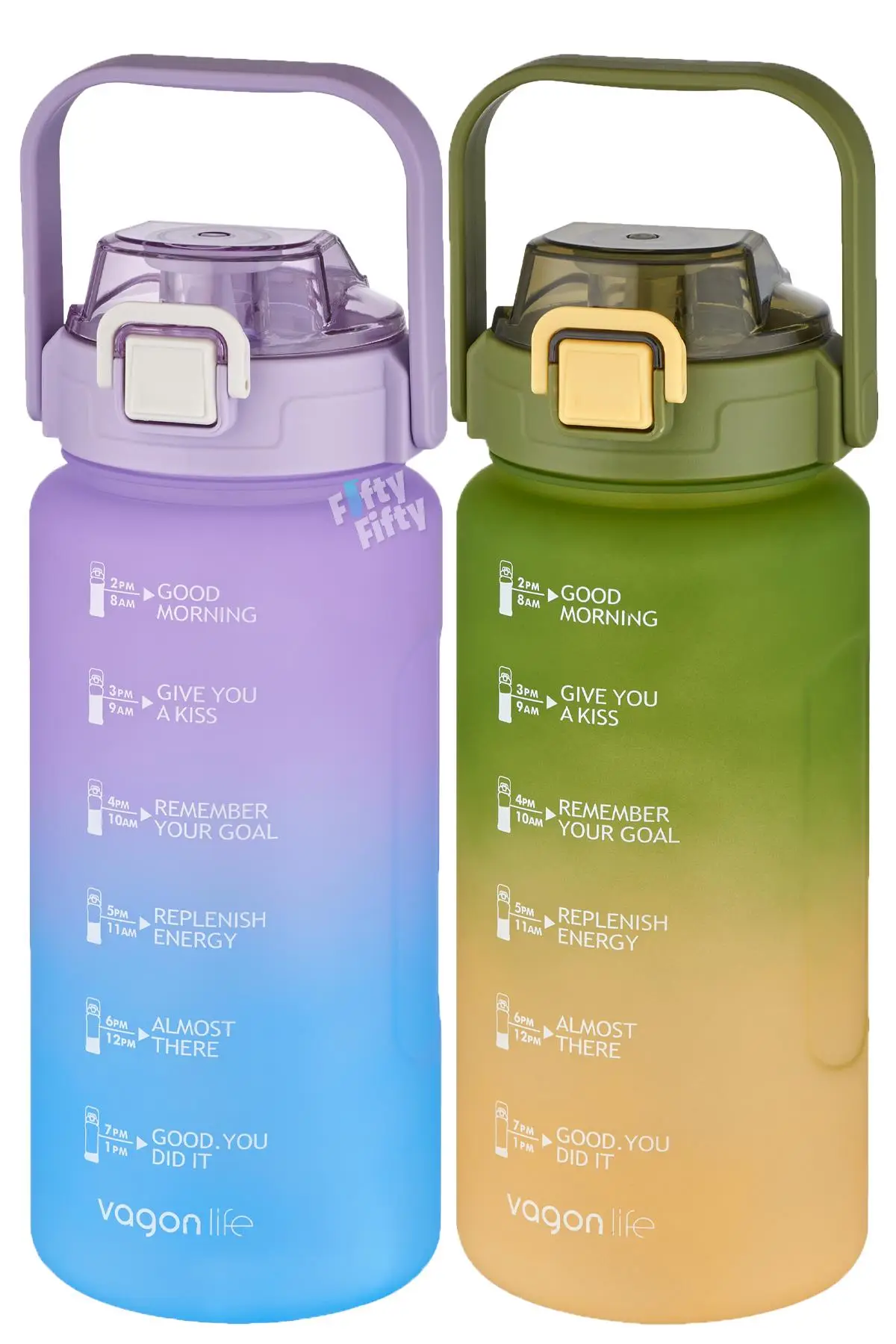Vagonlife 2'li Ekonomik Motivasyon Matara Seti 1500 ml Büyük Boy 4 Farklı Renk Seçeneği FiftyFifty - Morturkuaz-Yeşilsarı