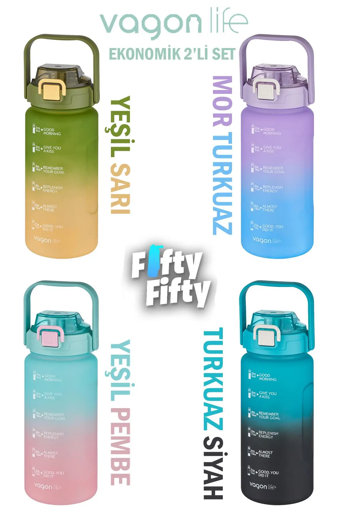 Vagonlife 2`li Ekonomik Motivasyon Matara Seti 1500 ml Büyük Boy 4 Farklı Renk Seçeneği FiftyFifty