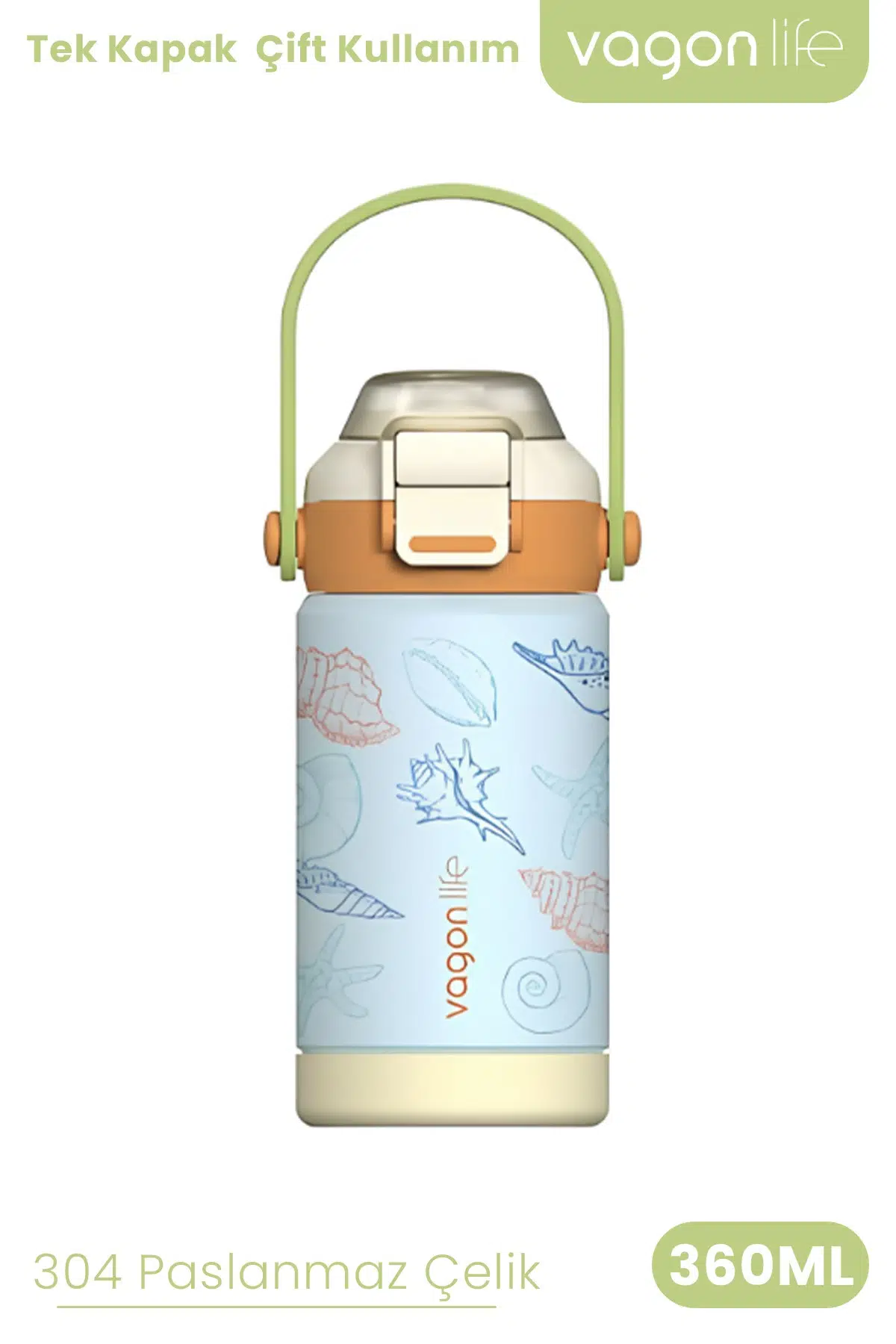 360 ML Çocuk Termosu Tek Kapak Çift Kullanım Pipetli Rahat İçim Kulplu Paslanmaz Çelik Termos 1104-360ML - Turuncu