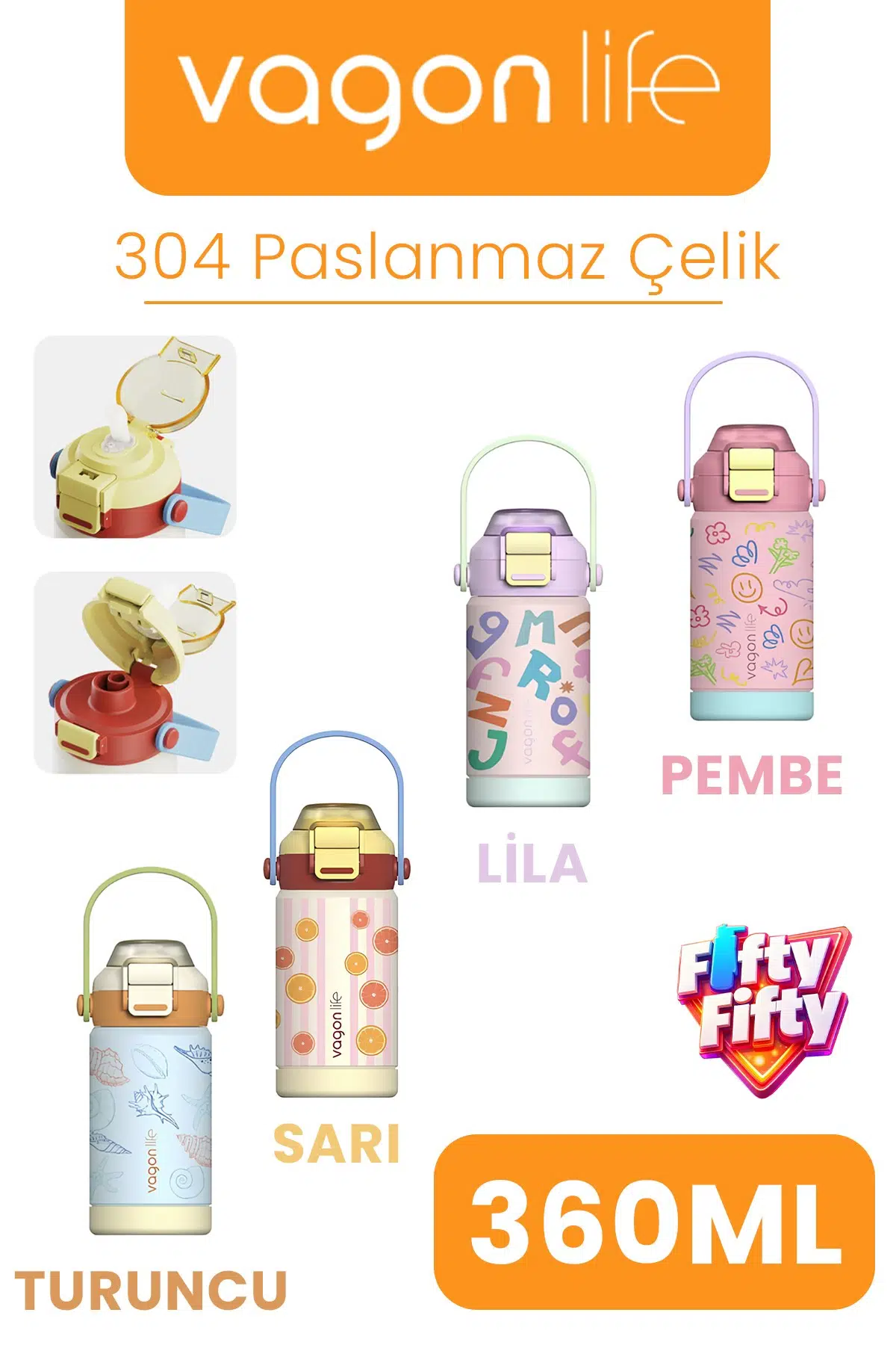 360 ML Çocuk Termosu Tek Kapak Çift Kullanım Pipetli Rahat İçim Kulplu Paslanmaz Çelik Termos 1104-360ML
