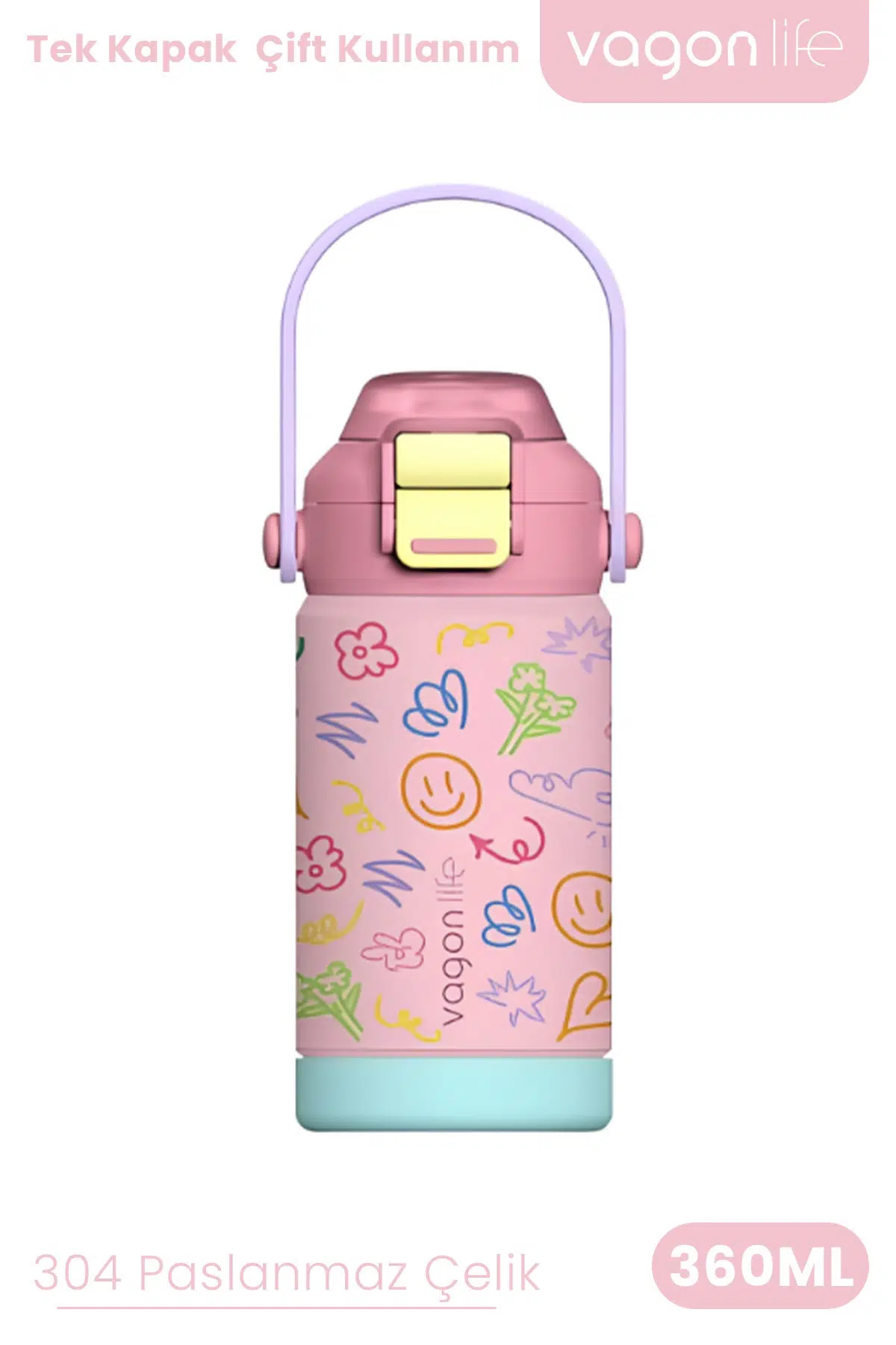 360 ML Çocuk Termosu Tek Kapak Çift Kullanım Pipetli Rahat İçim Kulplu Paslanmaz Çelik Termos 1104-360ML - Pembe