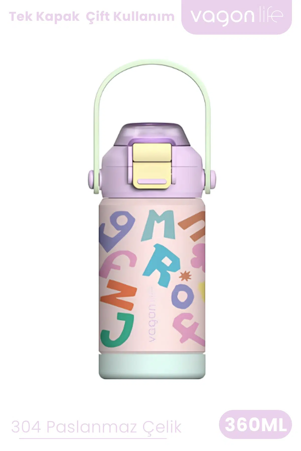 360 ML Çocuk Termosu Tek Kapak Çift Kullanım Pipetli Rahat İçim Kulplu Paslanmaz Çelik Termos 1104-360ML - Lila