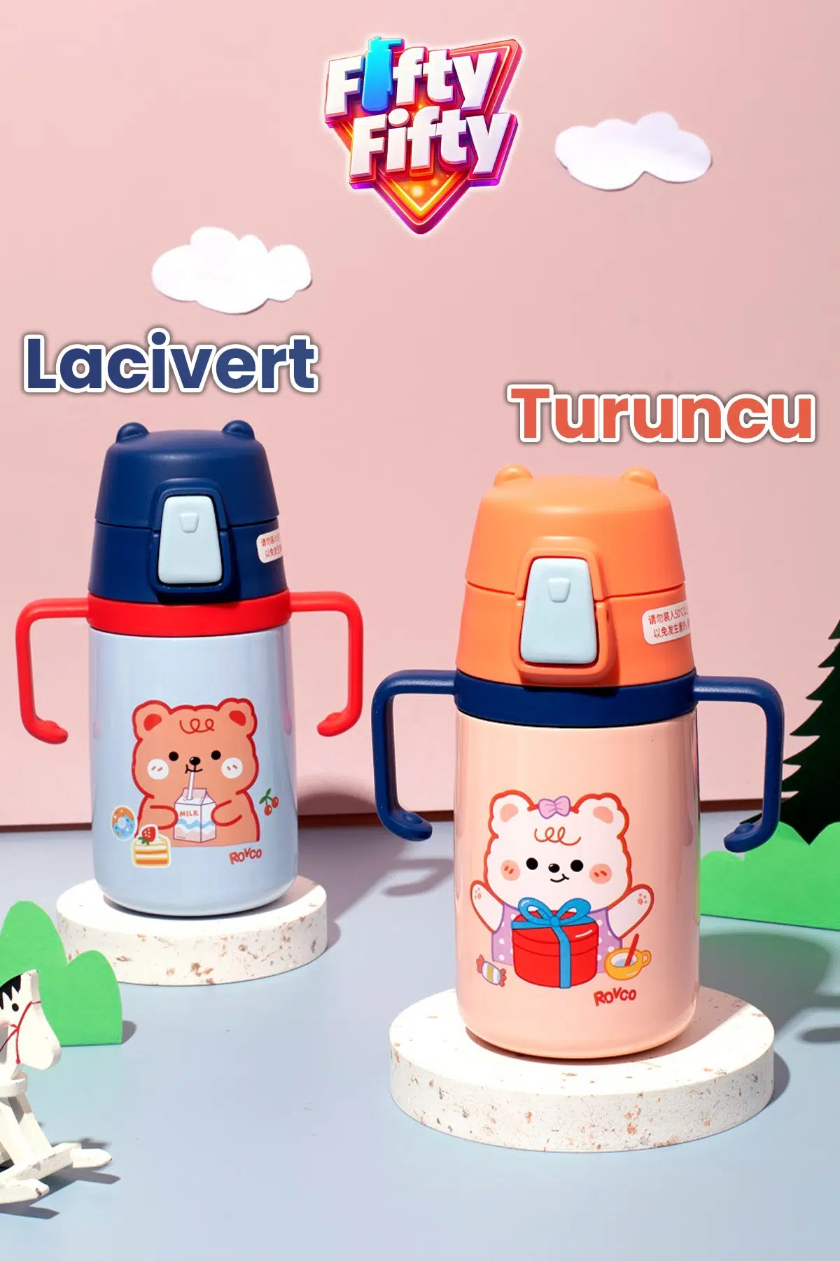 400 ML 316L Paslanmaz Çelik Pipetli Çocuk Termosu Taşıma Kulplu Askılı Çift Duvar -FFR400ML4011