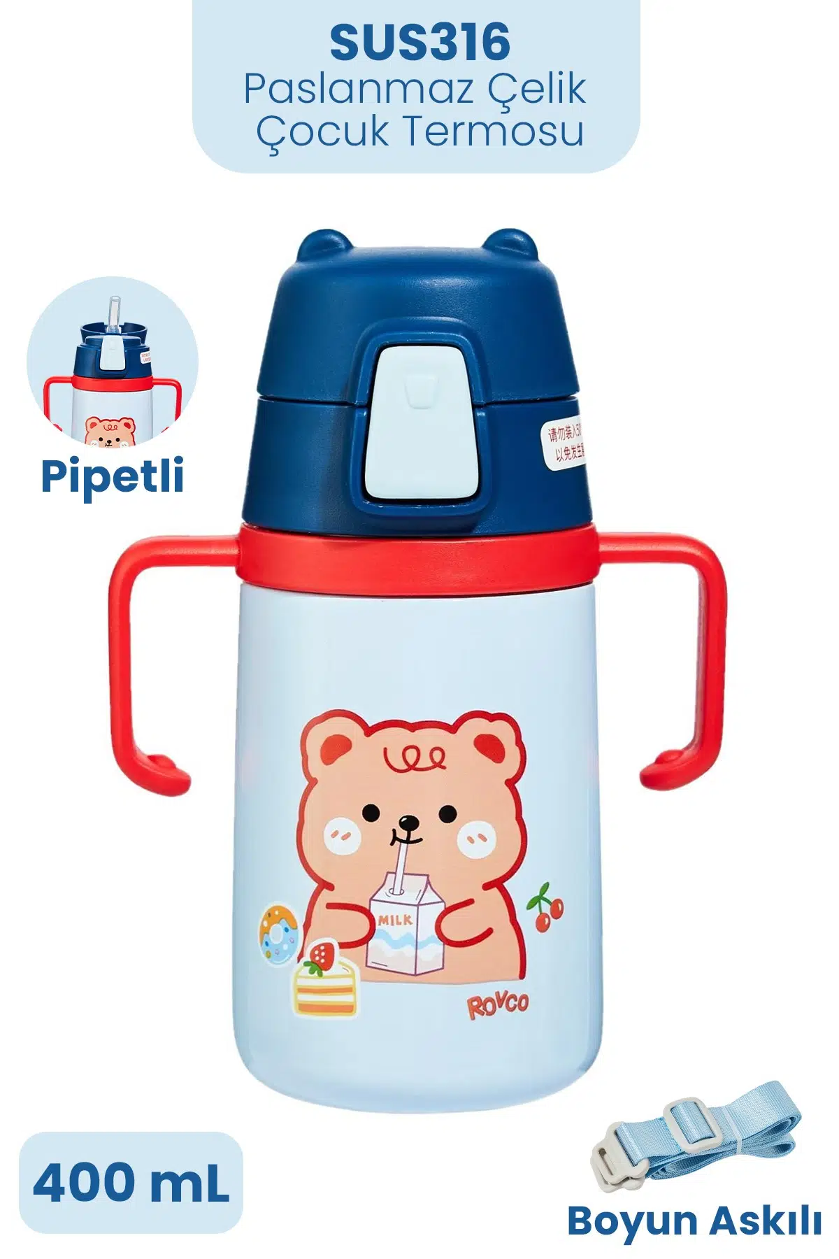 400 ML 316L Paslanmaz Çelik Pipetli Çocuk Termosu Taşıma Kulplu Askılı Çift Duvar -FFR400ML4011