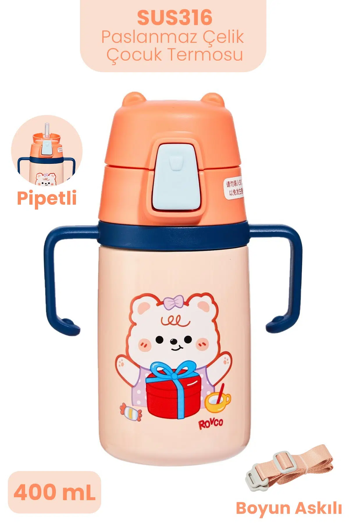 400 ML 316L Paslanmaz Çelik Pipetli Çocuk Termosu Taşıma Kulplu Askılı Çift Duvar -FFR400ML4011