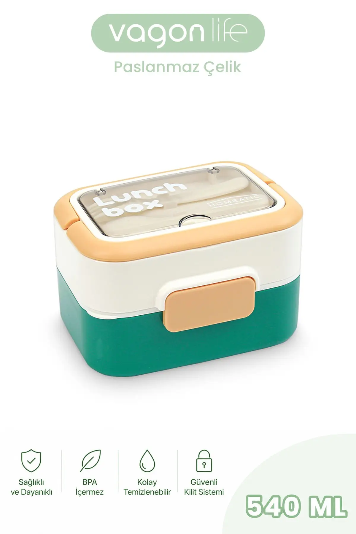 540 ML 2 Kat Paslanmaz Çelik Lunch box Yeni Nesil Sefer Tası Çatal & Kaşık FF6750-540