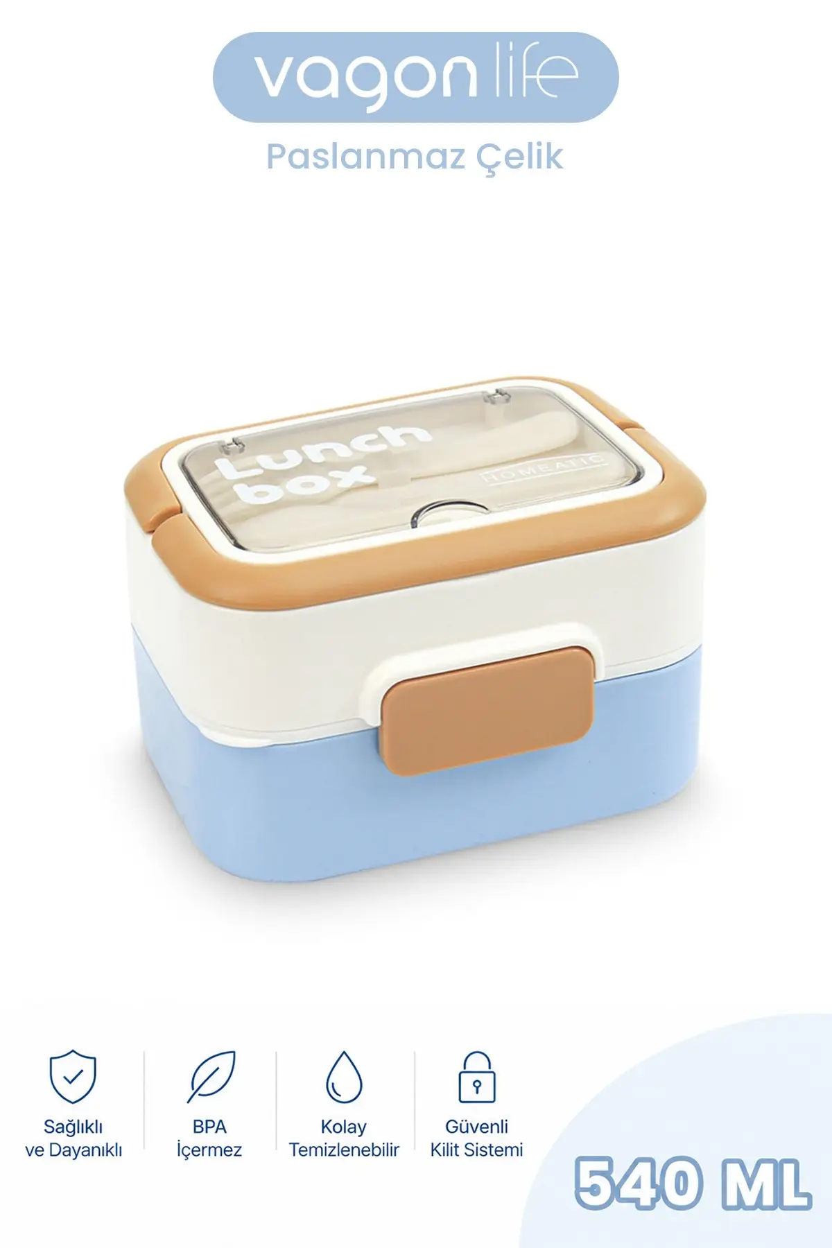 540 ML 2 Kat Paslanmaz Çelik Lunch box Yeni Nesil Sefer Tası Çatal & Kaşık FF6750-540