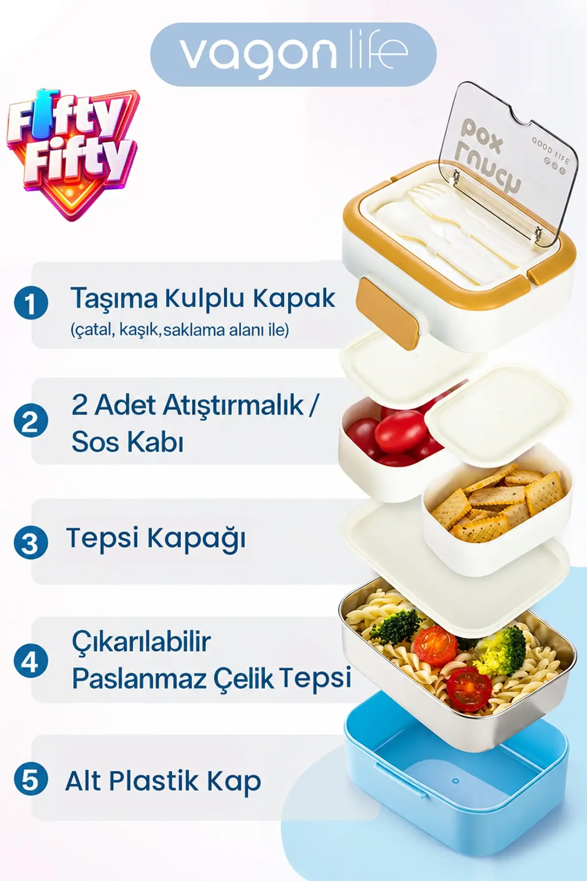 540 ML 2 Kat Paslanmaz Çelik Lunch box Yeni Nesil Sefer Tası Çatal & Kaşık FF6750-540