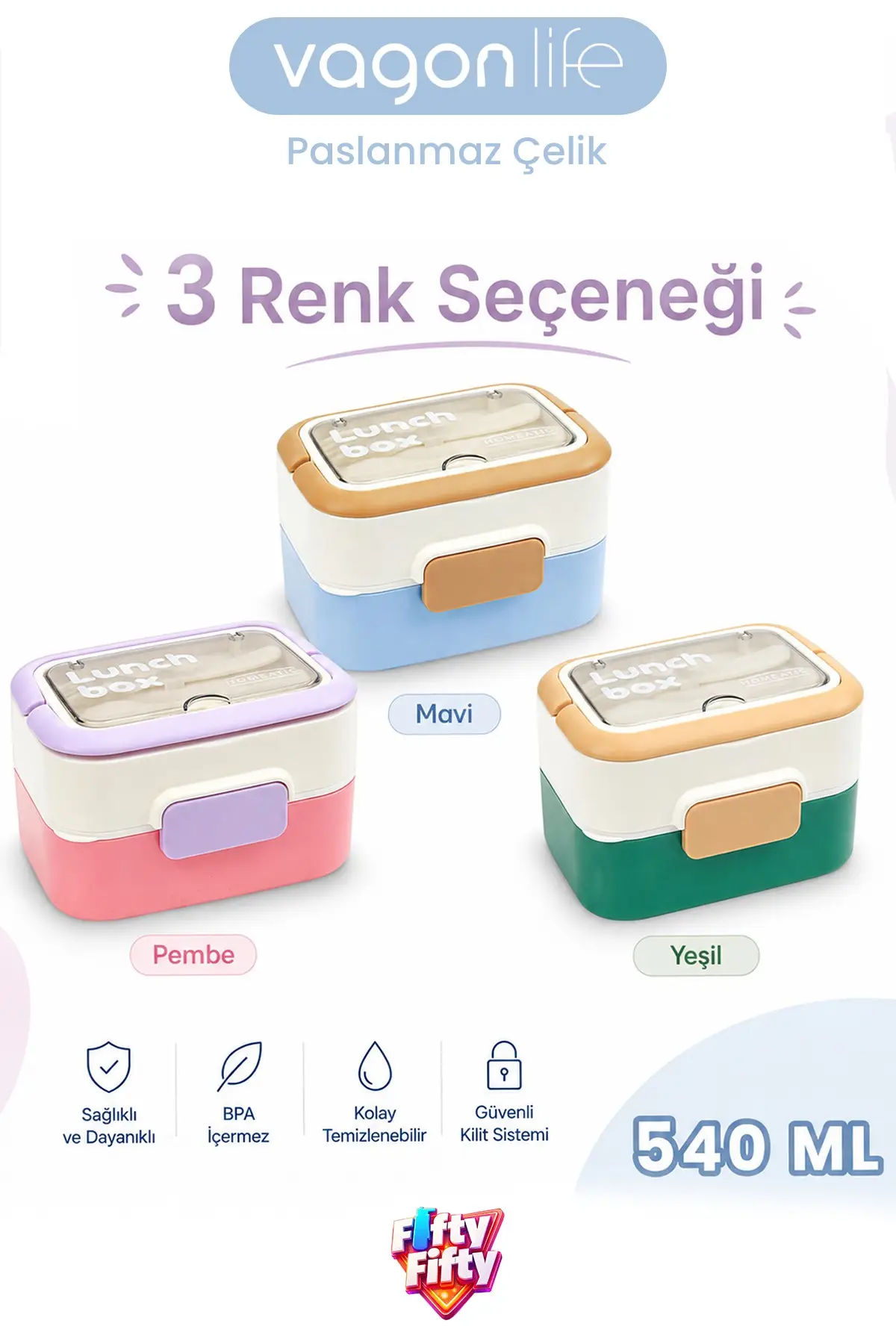 540 ML 2 Kat Paslanmaz Çelik Lunch box Yeni Nesil Sefer Tası Çatal & Kaşık FF6750-540