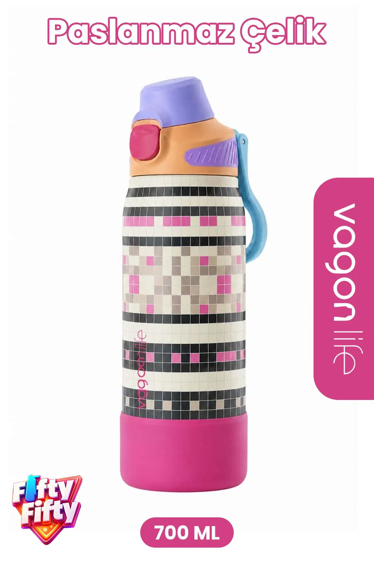 700 ML Tek Kapak Çift Kullanım Pipetli Rahat İçim Kulplu Paslanmaz Çelik Termos FFVGN1112-700ML