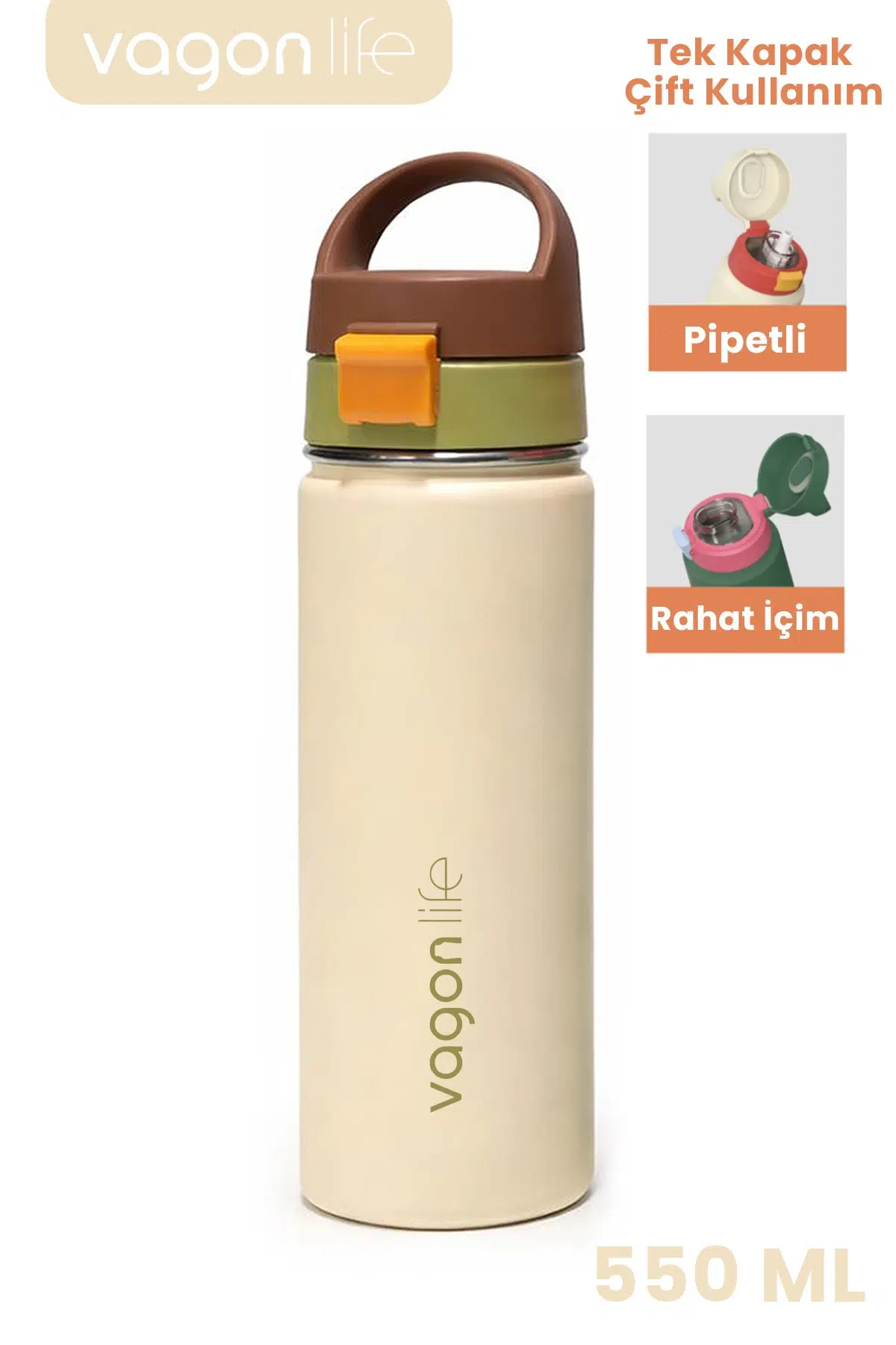 550 ML Tek Kapak Çift Kullanım Pipetli Rahat İçim Kulplu Paslanmaz Çelik Termos 1110-550ML - Bej