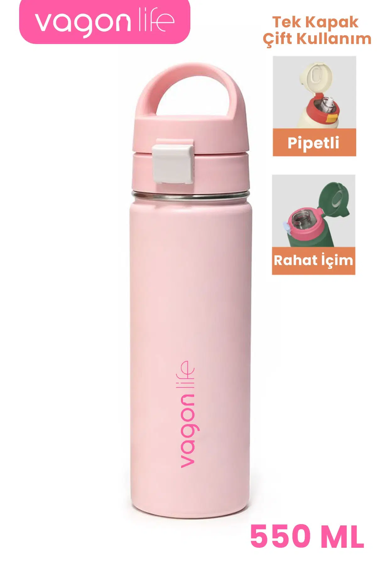 550 ML Tek Kapak Çift Kullanım Pipetli Rahat İçim Kulplu Paslanmaz Çelik Termos 1110-550ML - Pembe