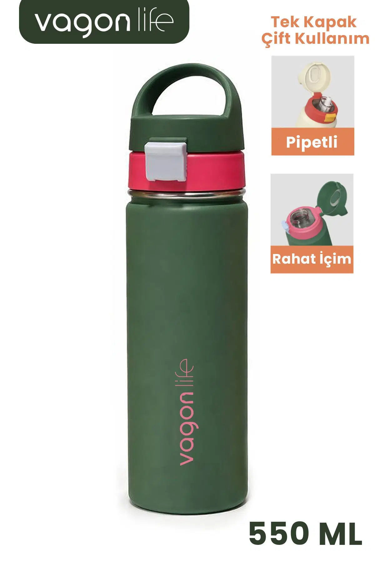 550 ML Tek Kapak Çift Kullanım Pipetli Rahat İçim Kulplu Paslanmaz Çelik Termos 1110-550ML - KoyuYeşil