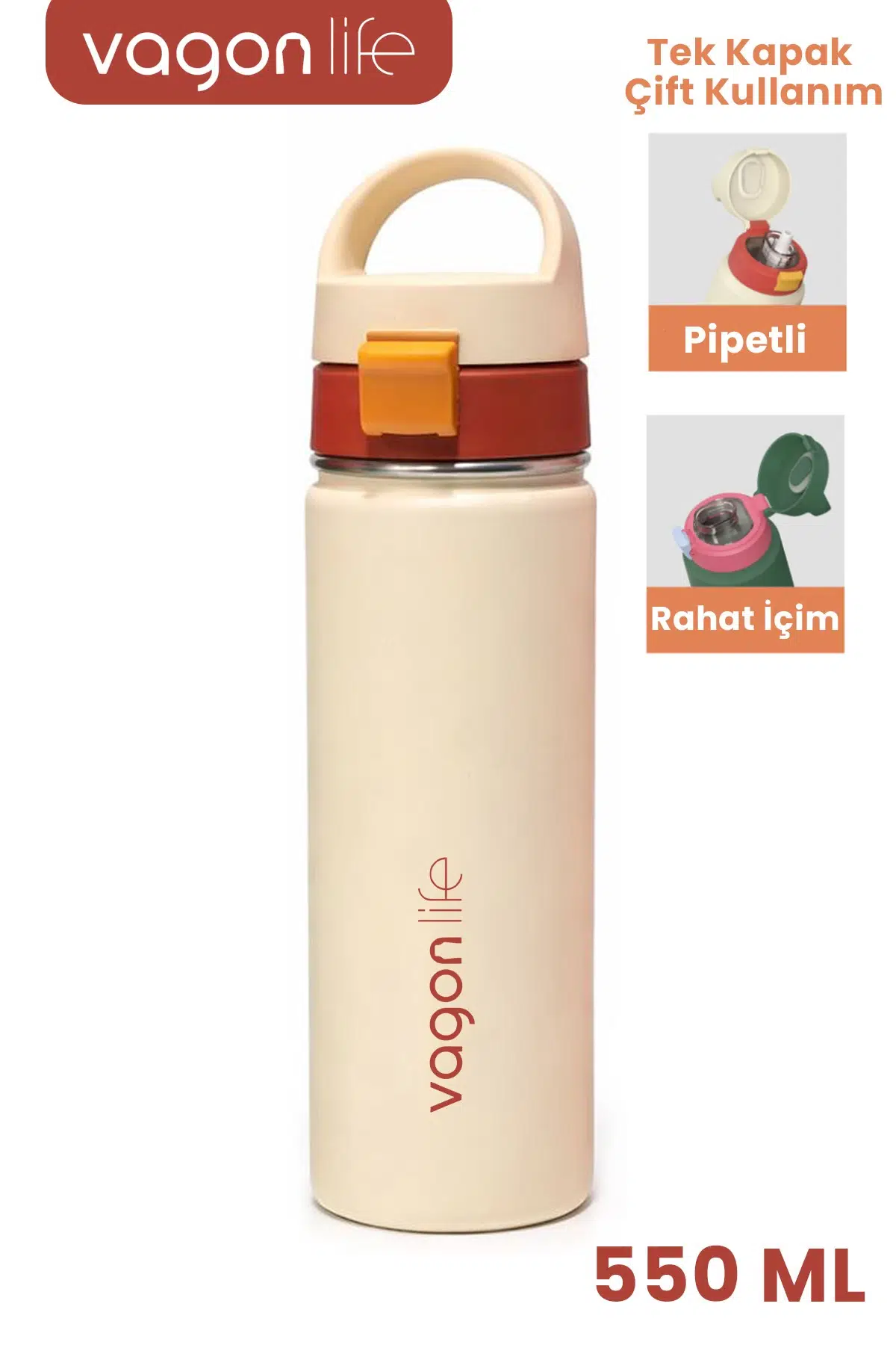 550 ML Tek Kapak Çift Kullanım Pipetli Rahat İçim Kulplu Paslanmaz Çelik Termos 1110-550ML - Ekru