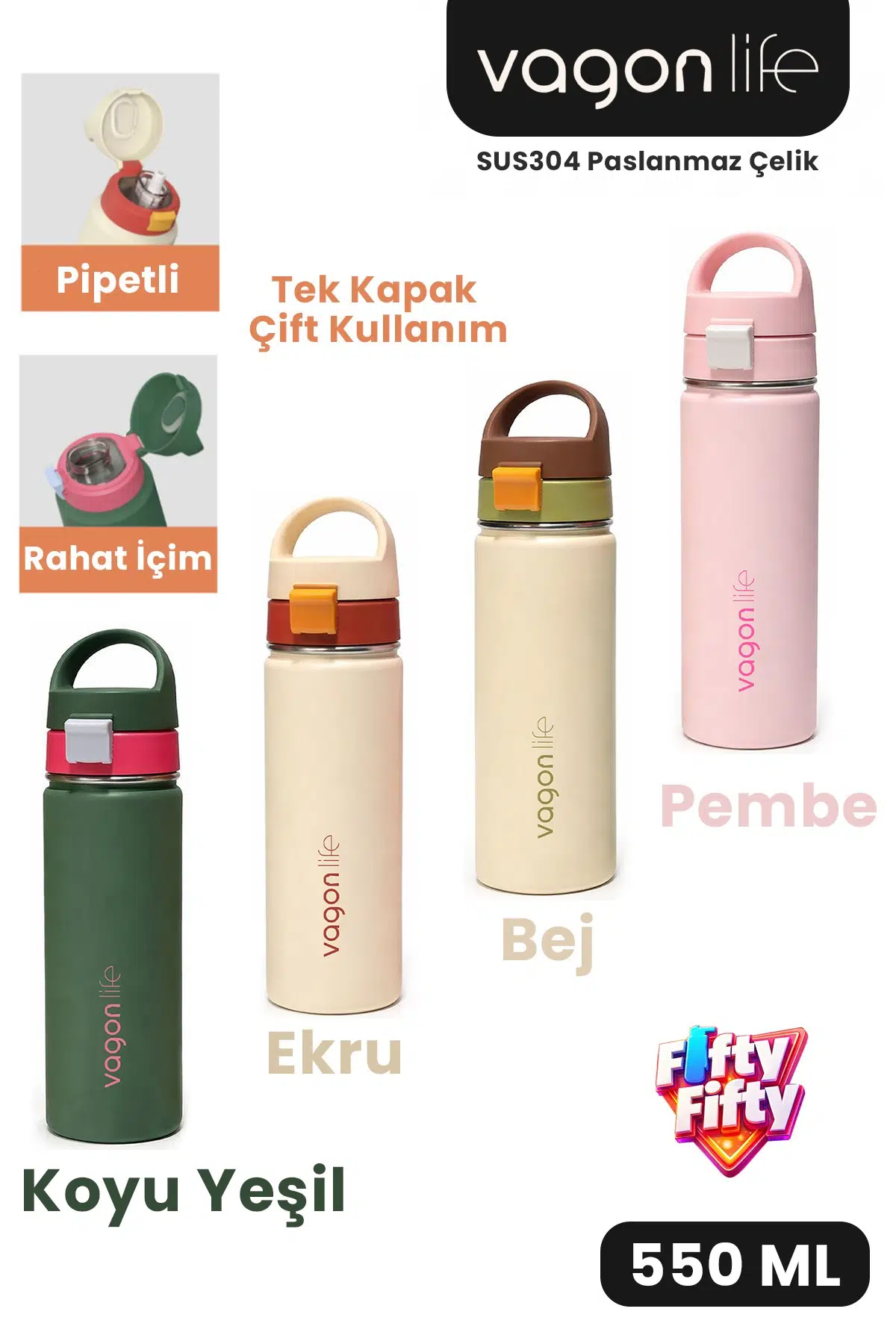550 ML Tek Kapak Çift Kullanım Pipetli Rahat İçim Kulplu Paslanmaz Çelik Termos 1110-550ML